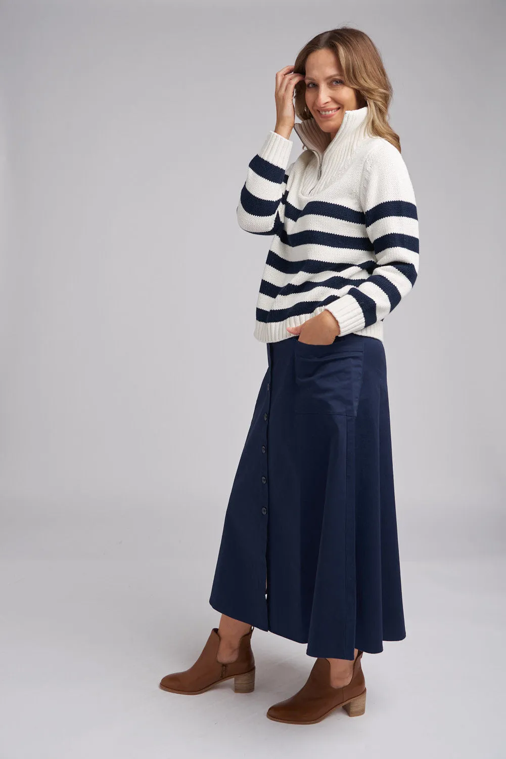 Goondiwindi Cotton - Stripe Zip Jumper Winter White/Navy | G8209