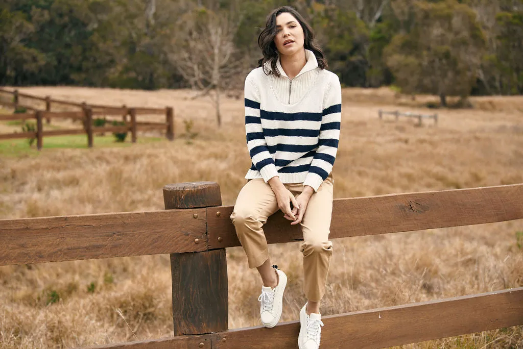 Goondiwindi Cotton - Stripe Zip Jumper Winter White/Navy | G8209