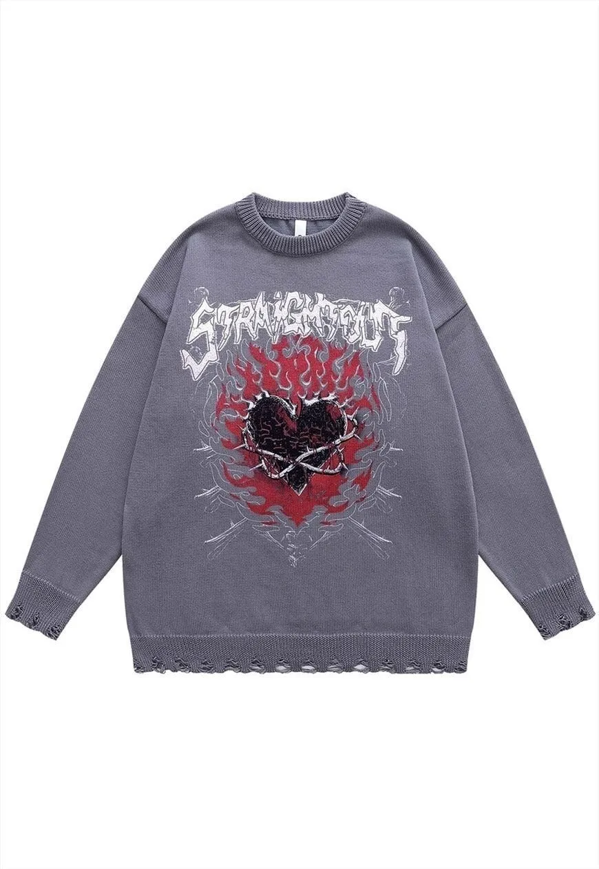 Gothic sweater ripped jumper heart print knitted top black