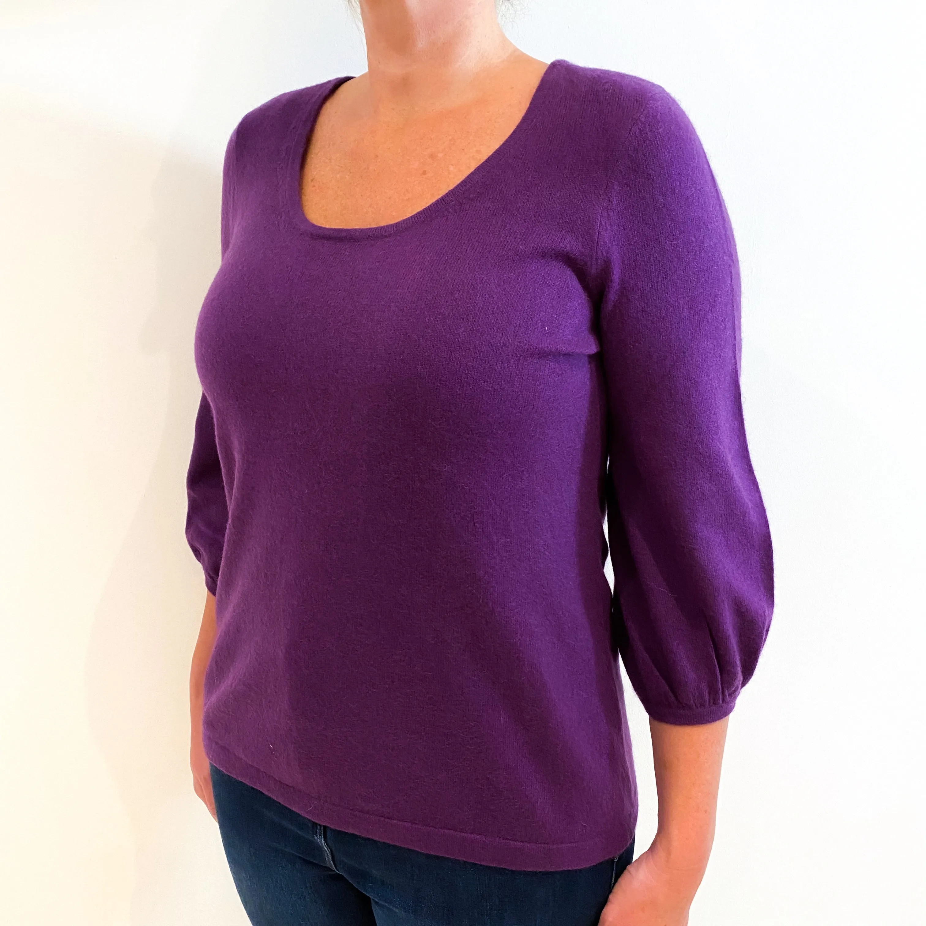 Grape Purple 3/4 Balloon Sleeves Cashmere Crew Neck Jumper Large