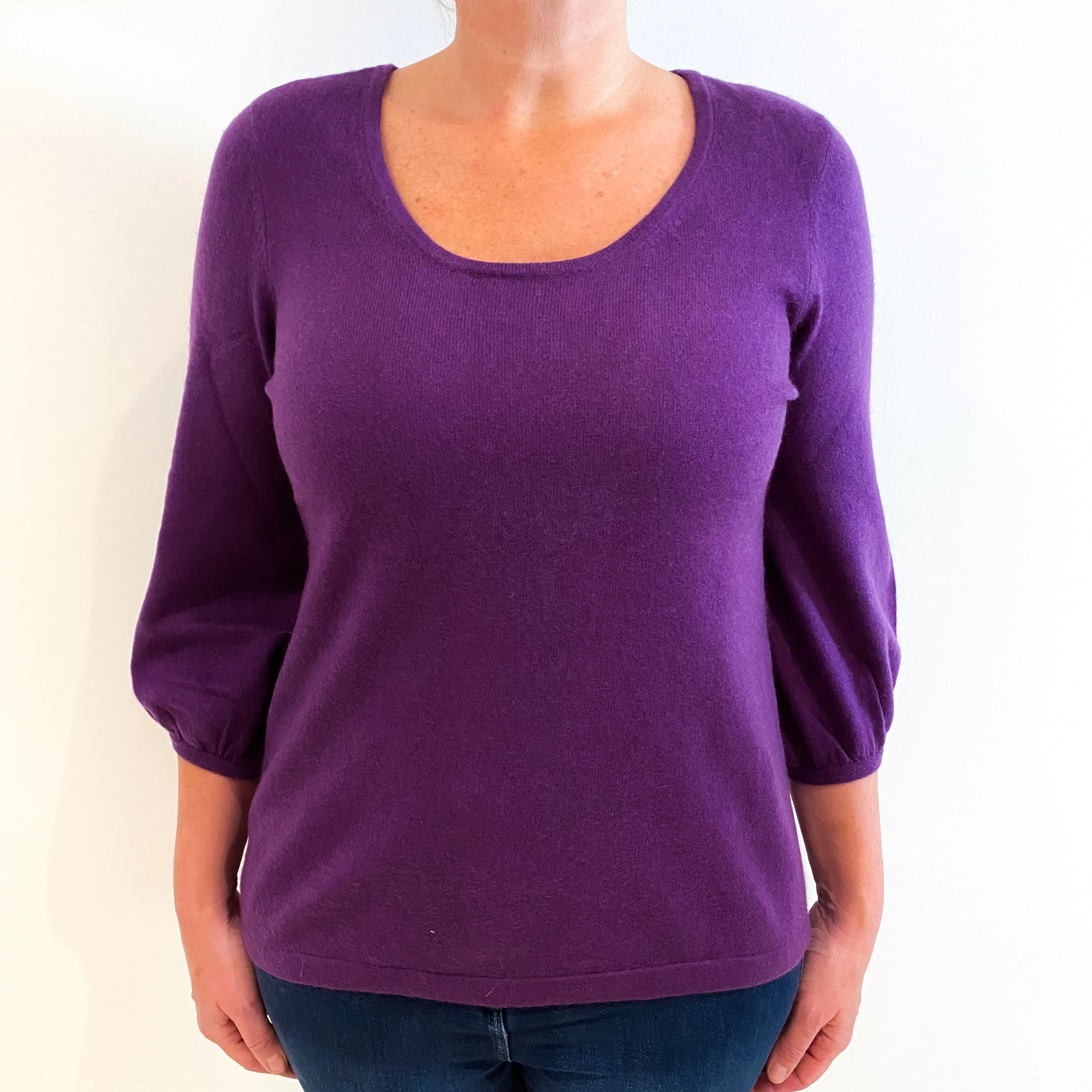 Grape Purple 3/4 Balloon Sleeves Cashmere Crew Neck Jumper Large