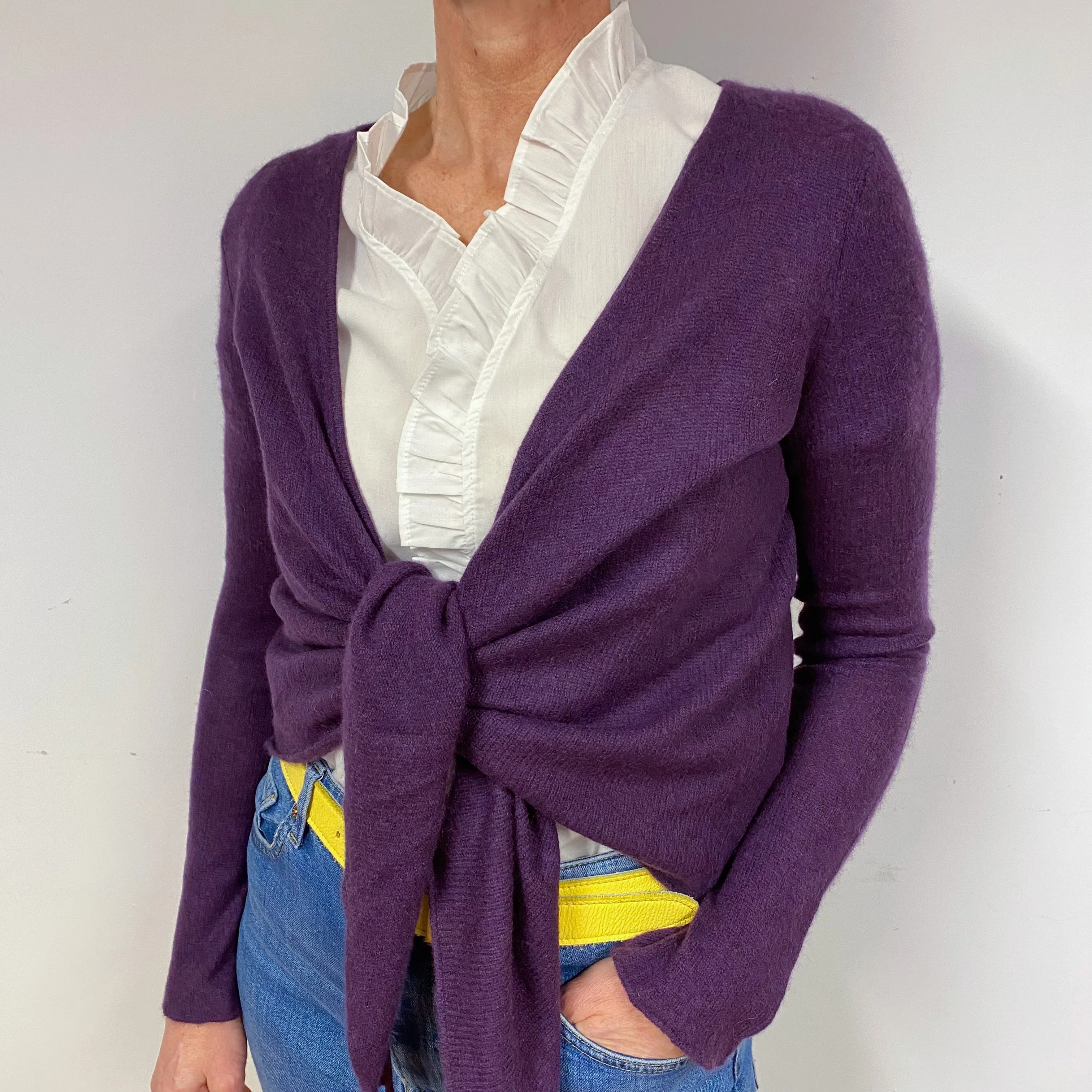 Grape Purple Cashmere Tie Front Cardigan Medium