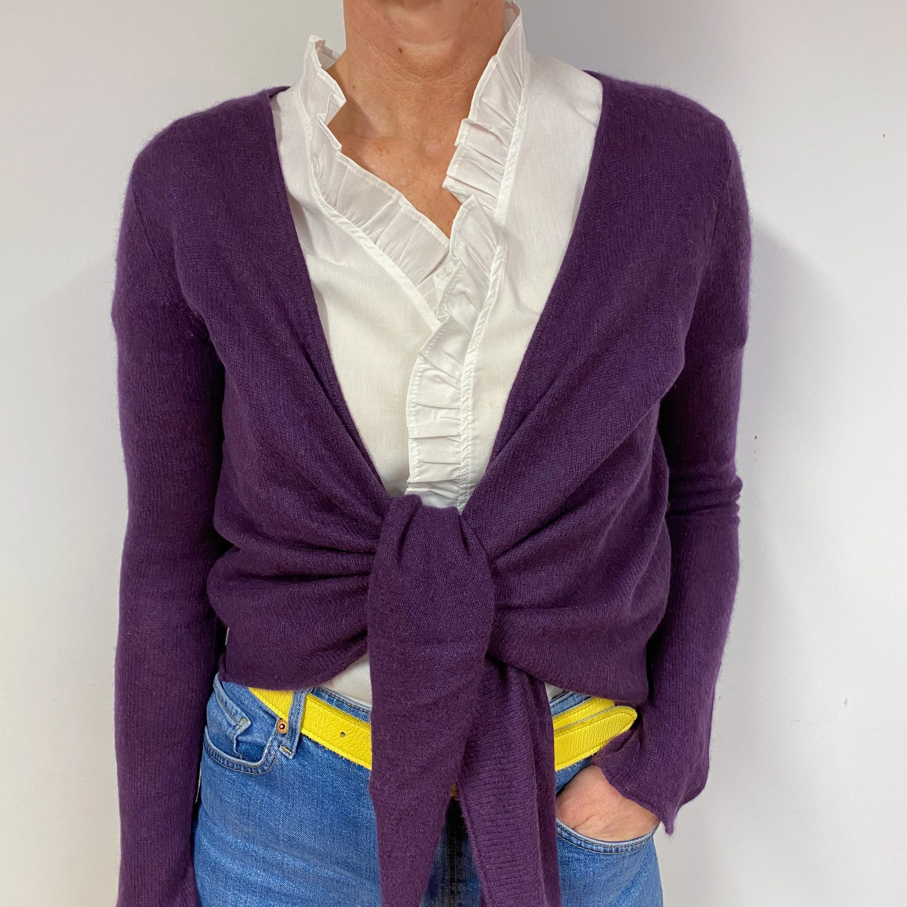 Grape Purple Cashmere Tie Front Cardigan Medium