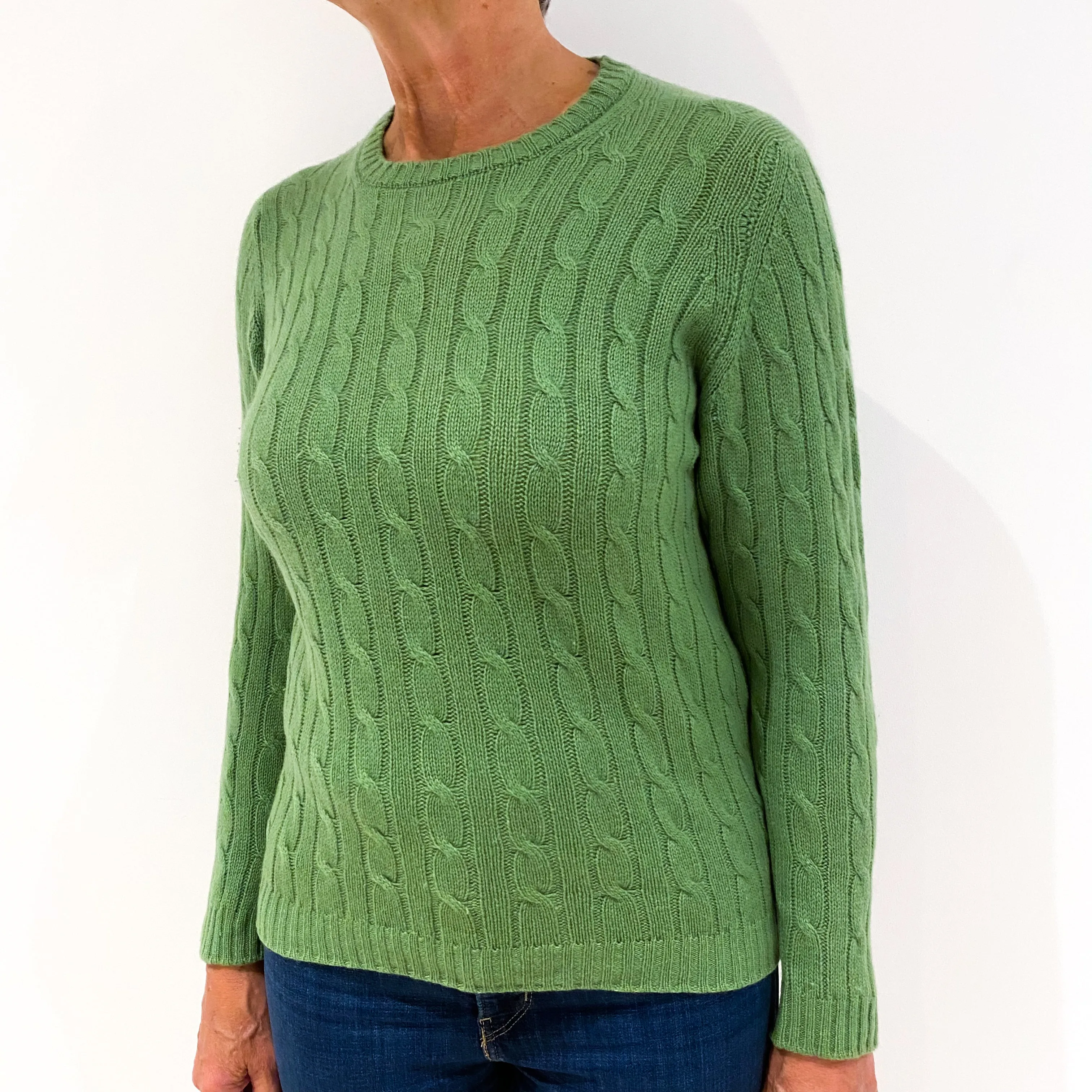 Grass Green Chunky Cable Knit Cashmere Crew Neck Jumper Medium