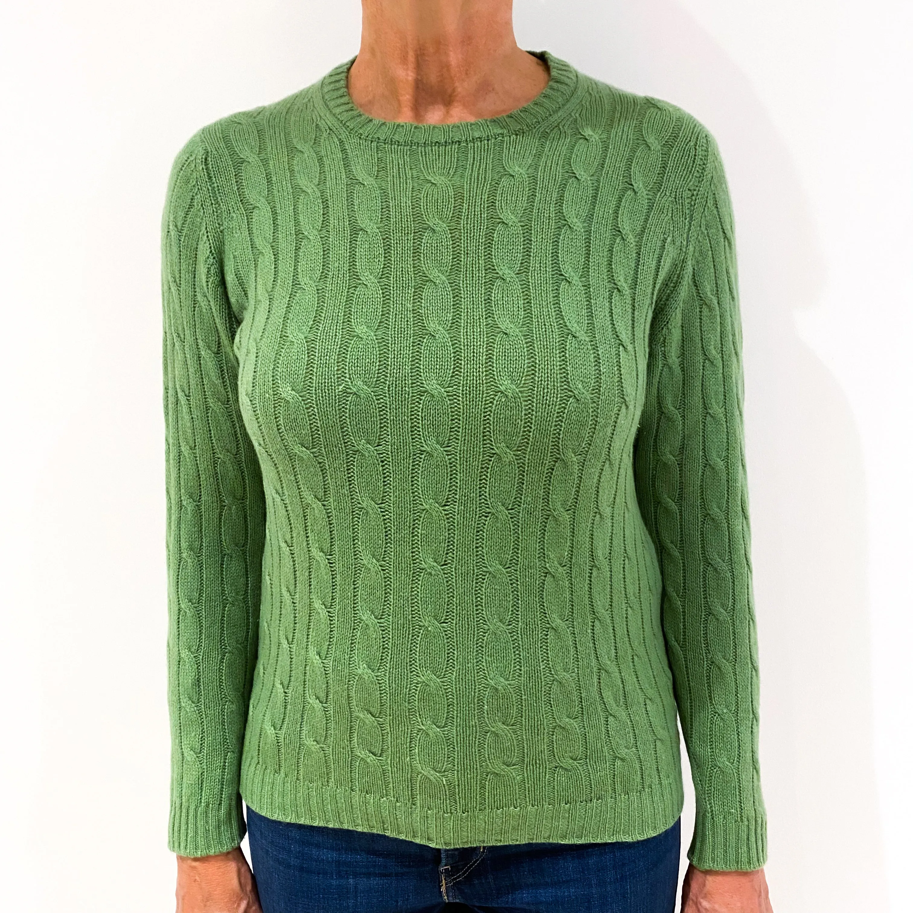 Grass Green Chunky Cable Knit Cashmere Crew Neck Jumper Medium