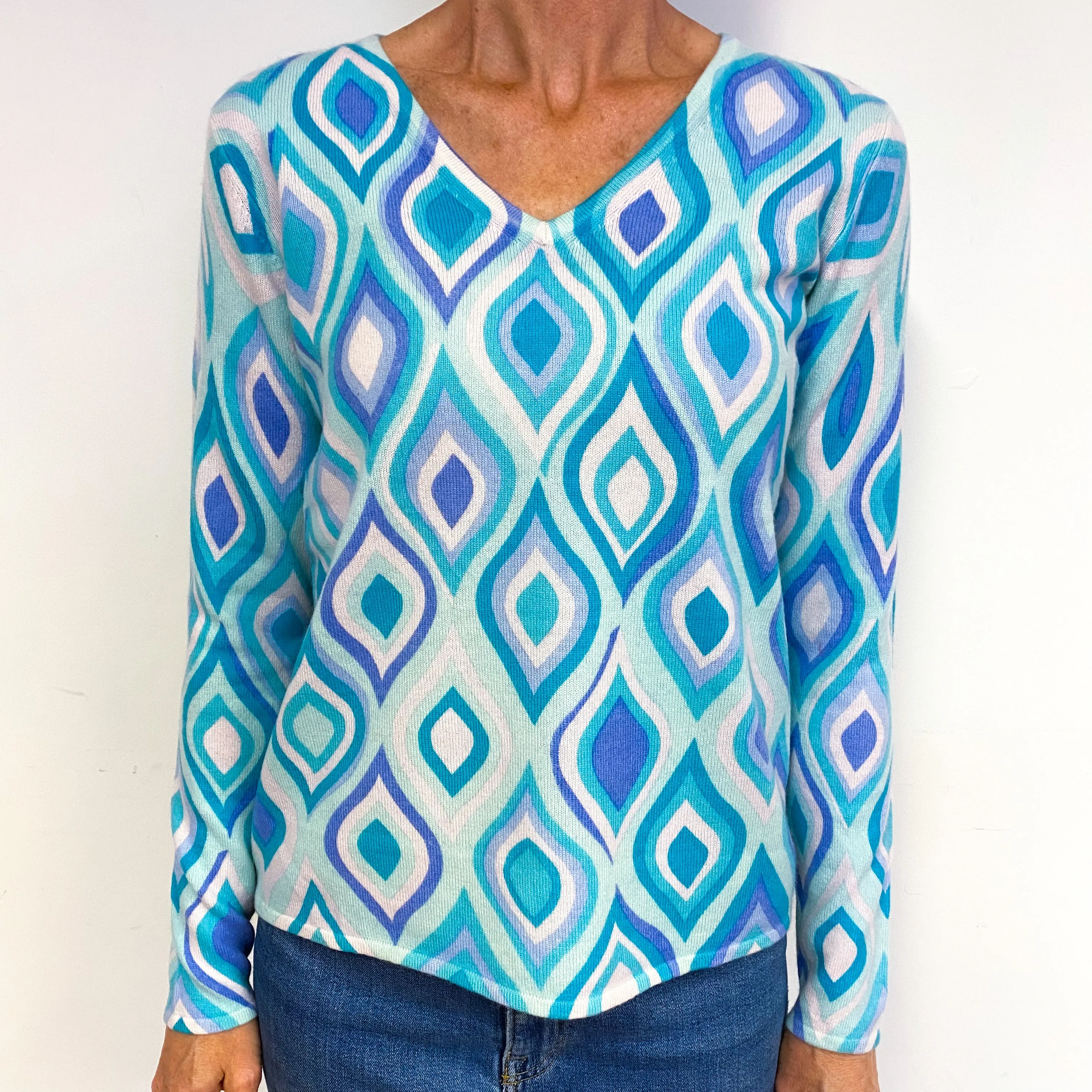 Green and Blue Patterned Cashmere V-Neck Jumper Medium