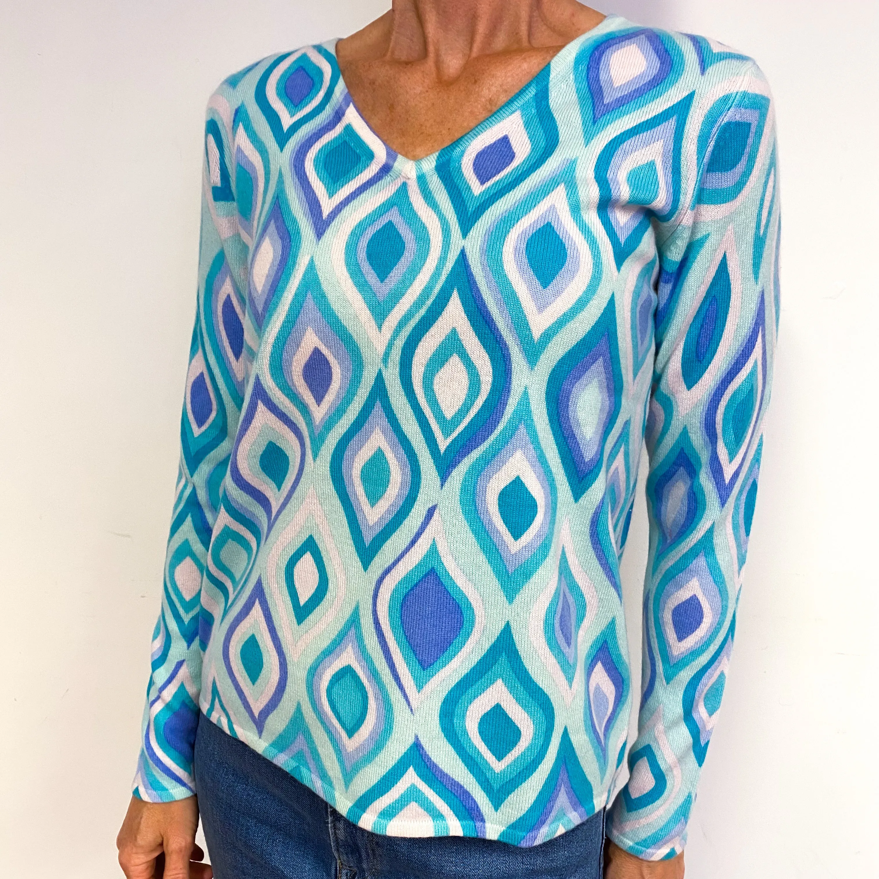 Green and Blue Patterned Cashmere V-Neck Jumper Medium