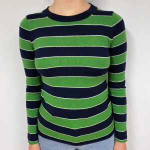 Green and Navy Stripe Cashmere Crew Neck Jumper Small