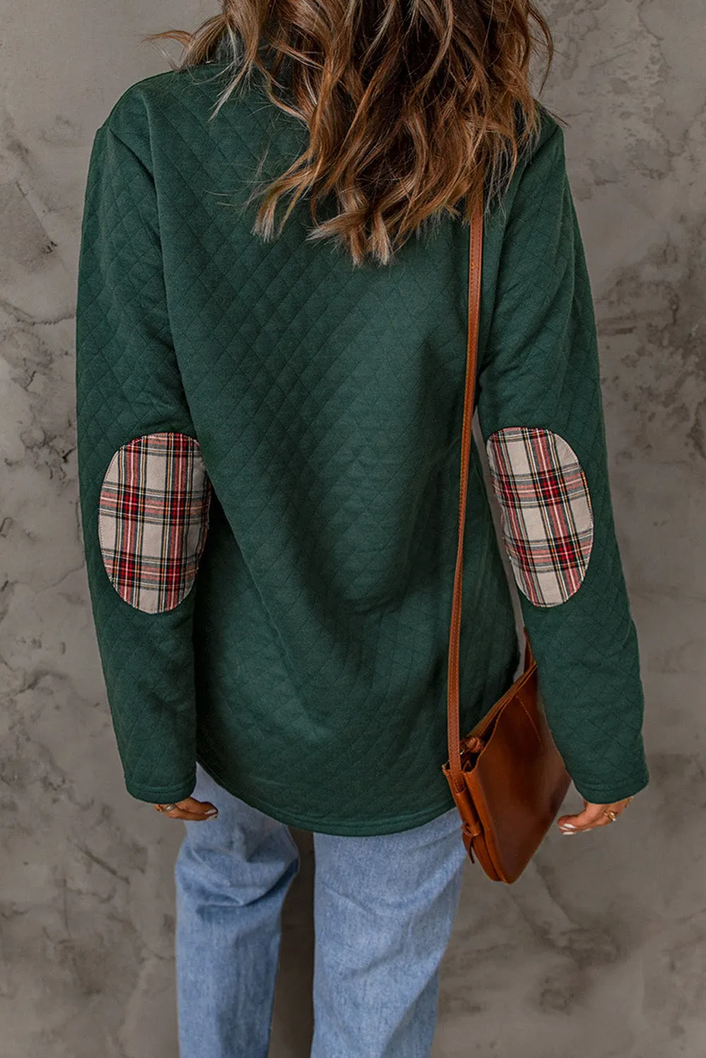 Green Geometric Texture Plaid Trim Sweatshirt