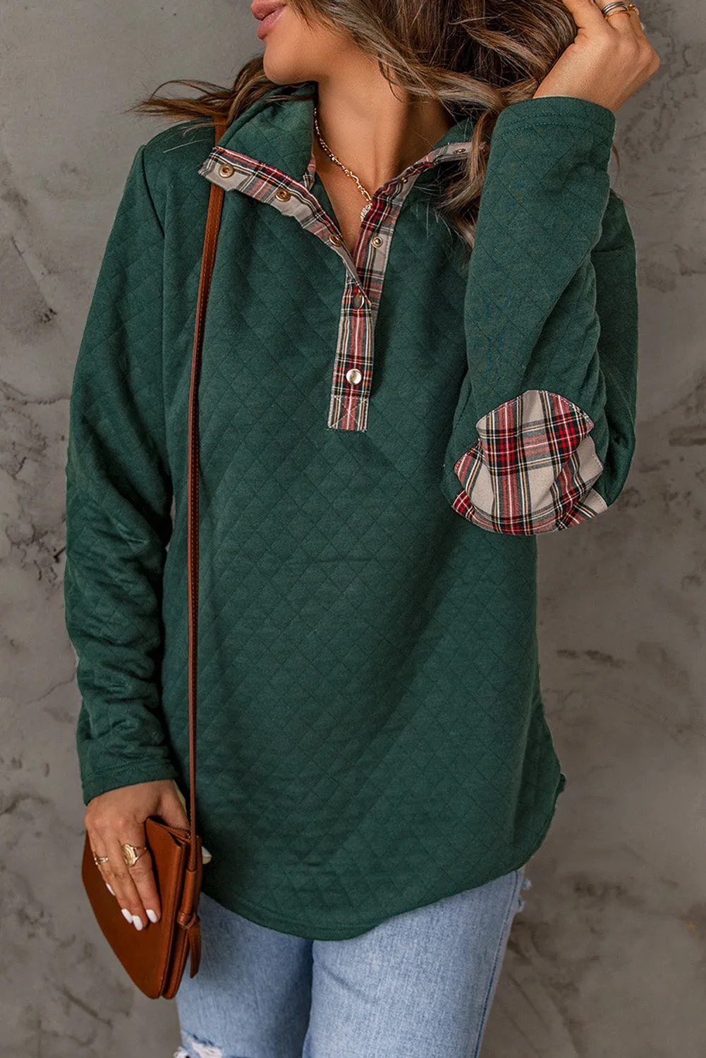 Green Geometric Texture Plaid Trim Sweatshirt