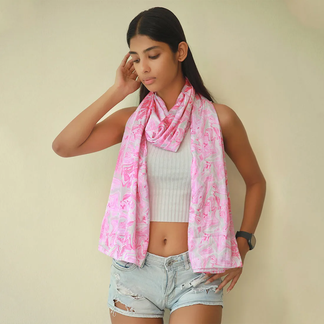 Grey & Pink Marble Print Multipurpose Satin Scarf in Grey and Pink for Daily and Party purpose for Women