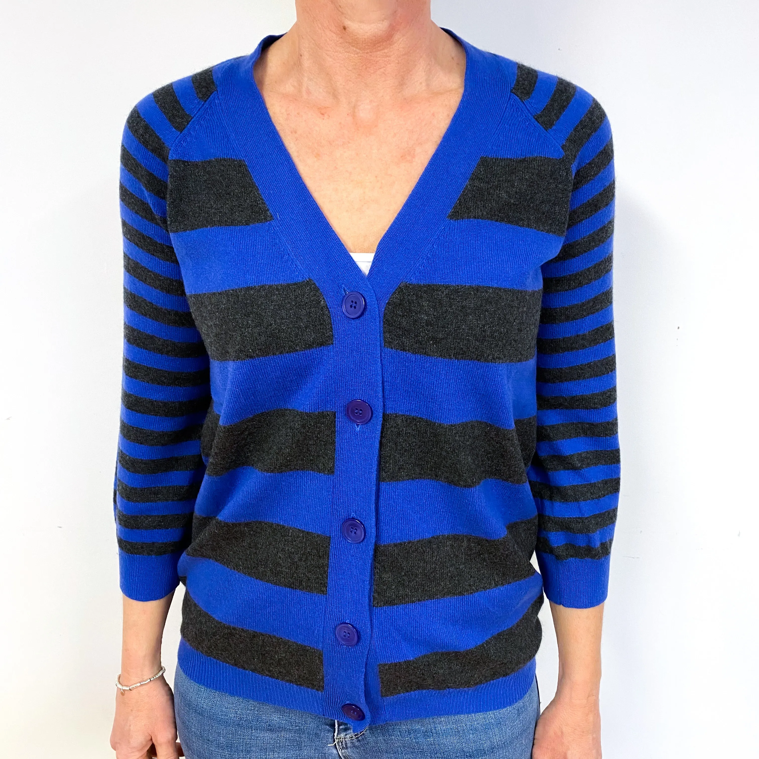 Grey and Lapis Blue Striped Cashmere Cardigan Medium