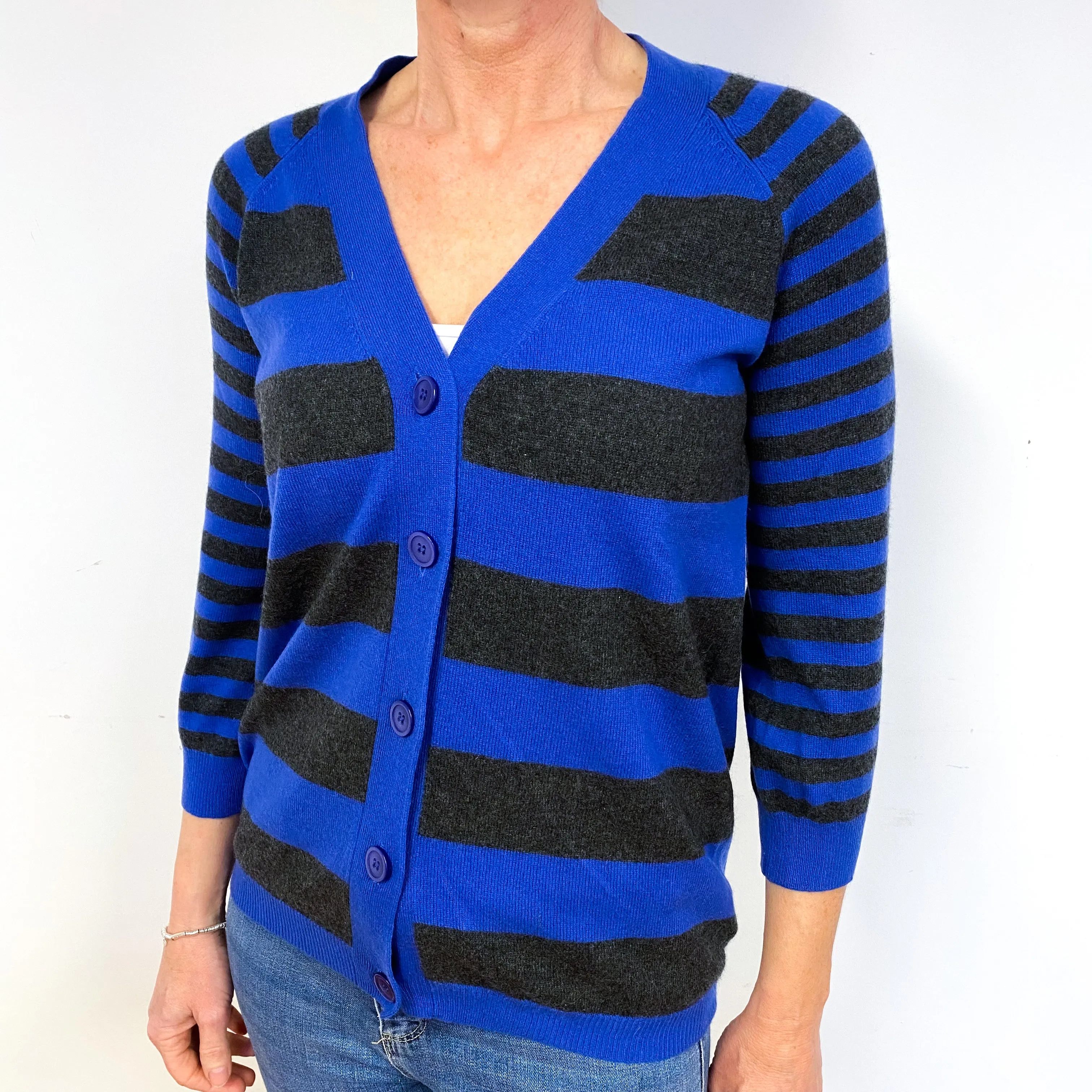 Grey and Lapis Blue Striped Cashmere Cardigan Medium