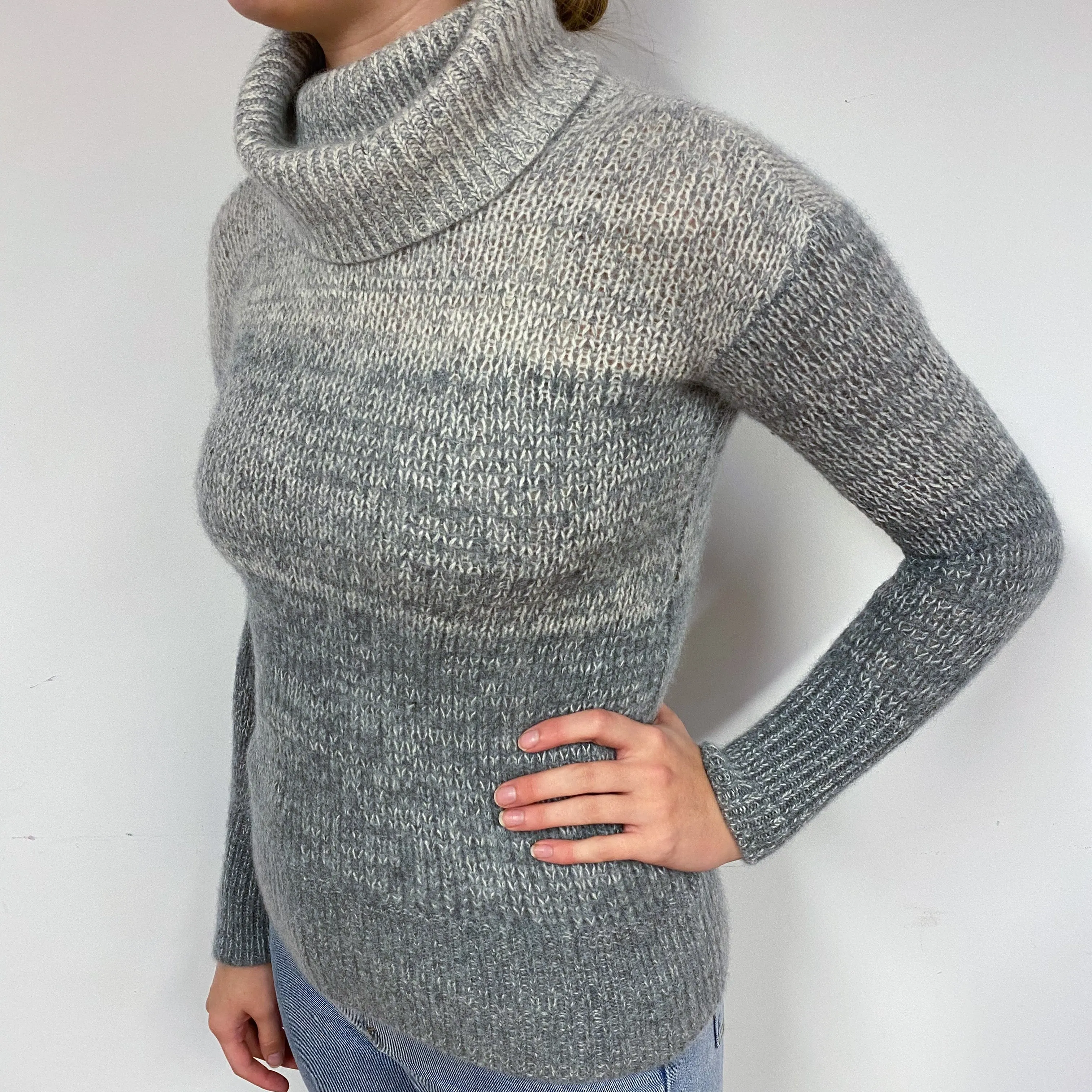 Grey Chunky Knit Cashmere Polo Neck Jumper Small