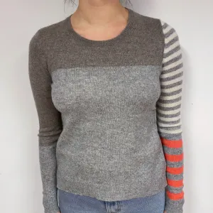 Grey Colour Block Stripe Cashmere Crew Neck Jumper Small