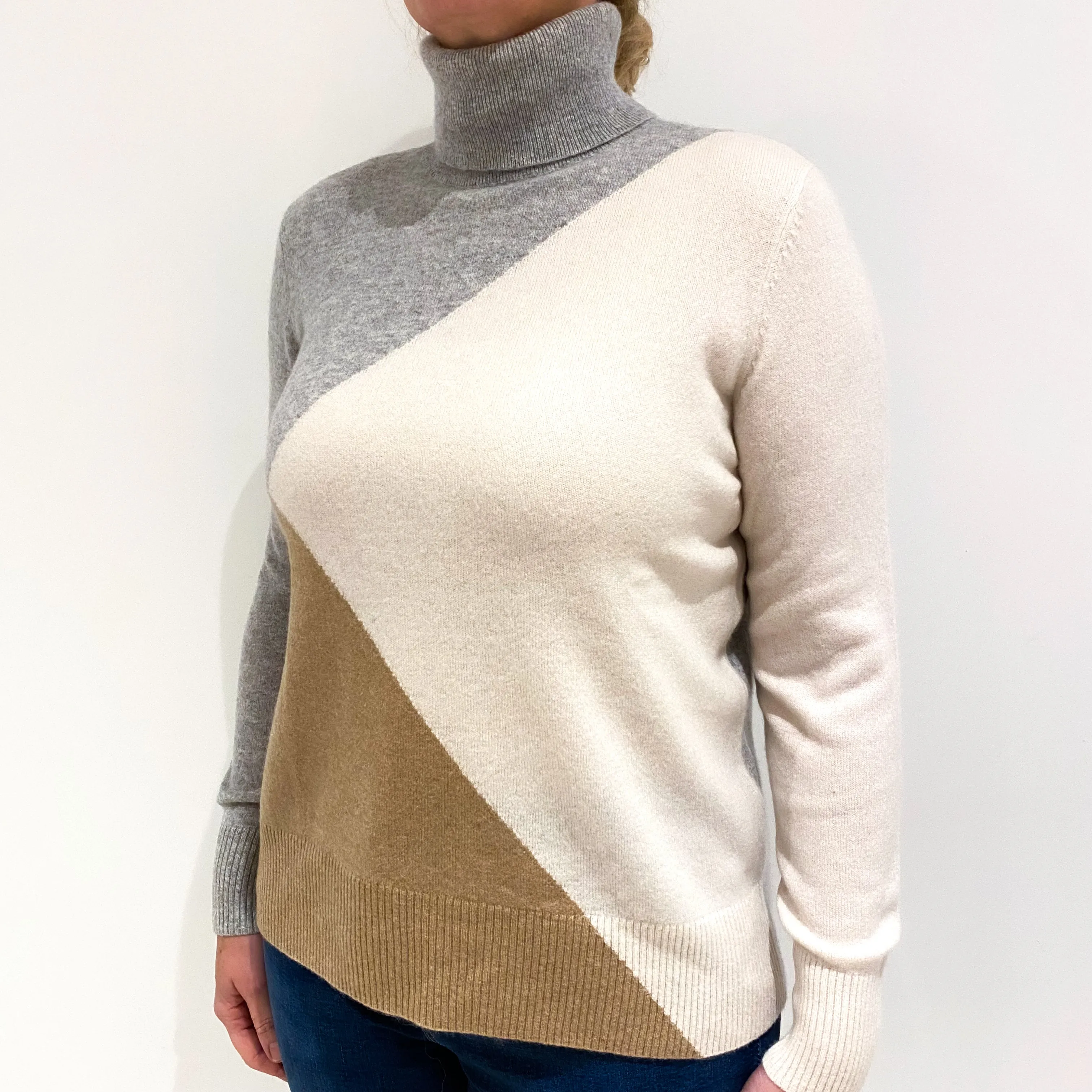 Grey Cream Colour Block Cashmere Polo Neck Jumper Large