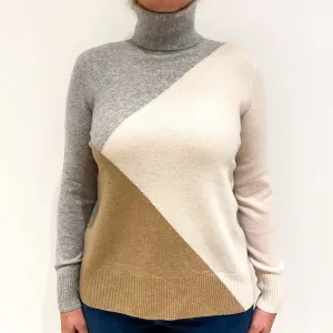 Grey Cream Colour Block Cashmere Polo Neck Jumper Large