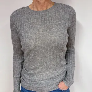 Grey Fine Knit Ribbed Cashmere Crew Neck Jumper Medium