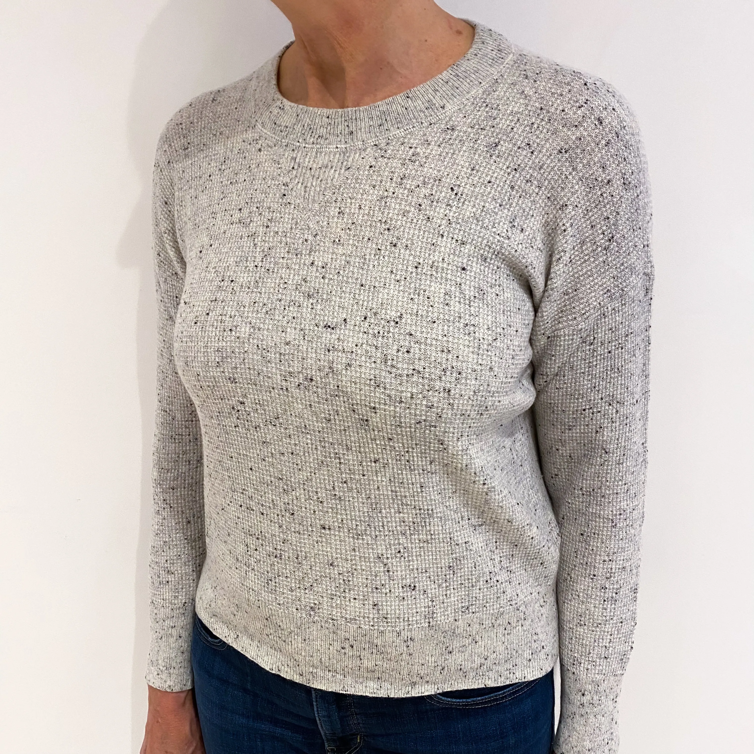 Grey Flecked Waffle Cashmere Crew Neck Jumper Medium