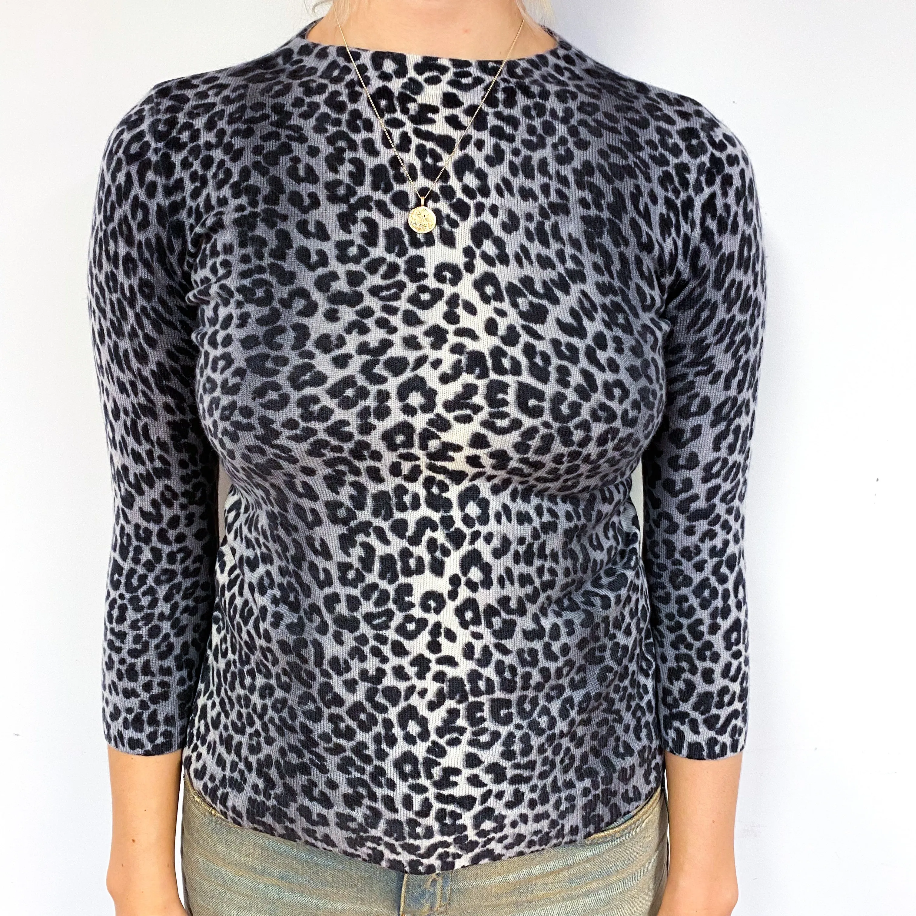 Grey Leopard Print Cashmere Crew Neck Jumper Small