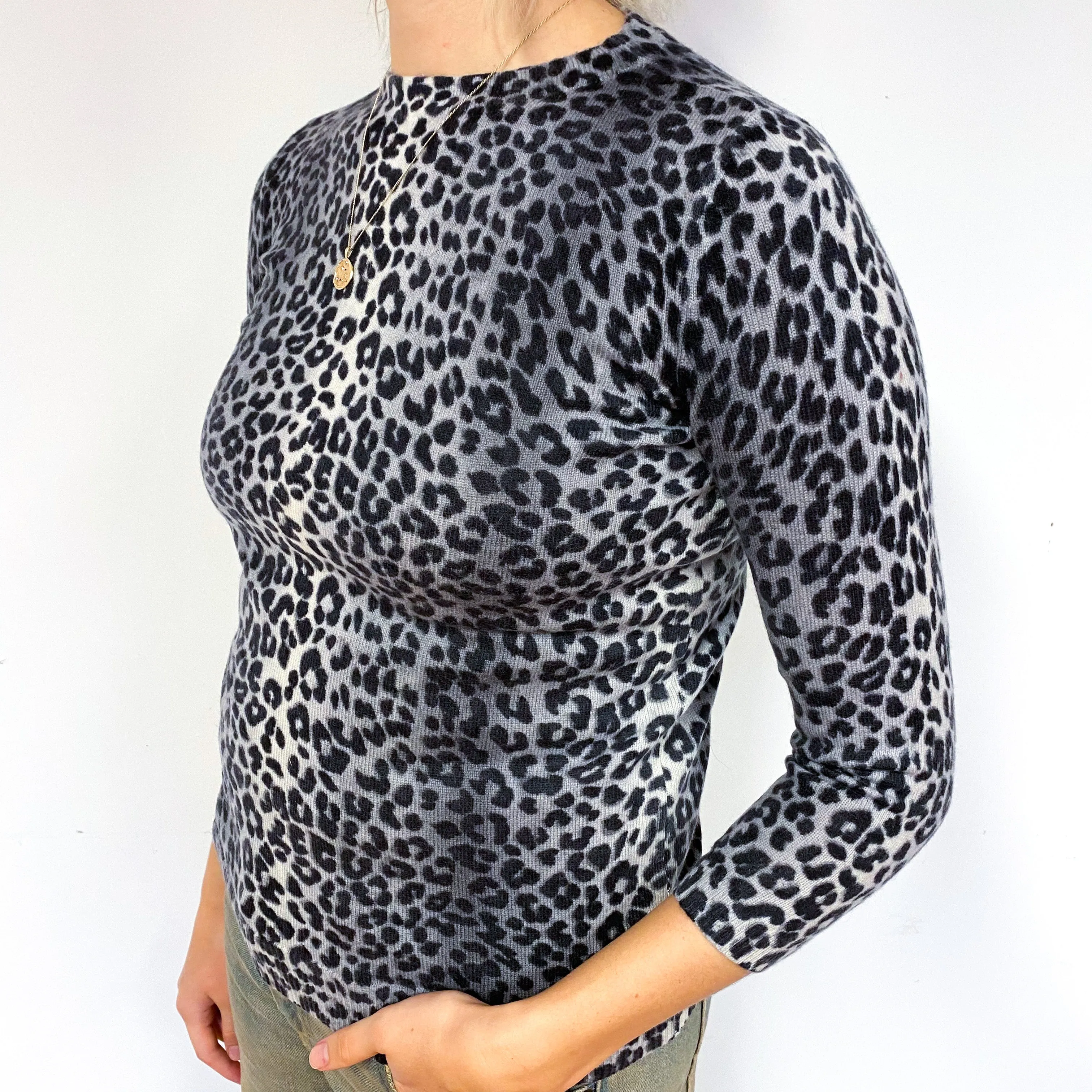 Grey Leopard Print Cashmere Crew Neck Jumper Small