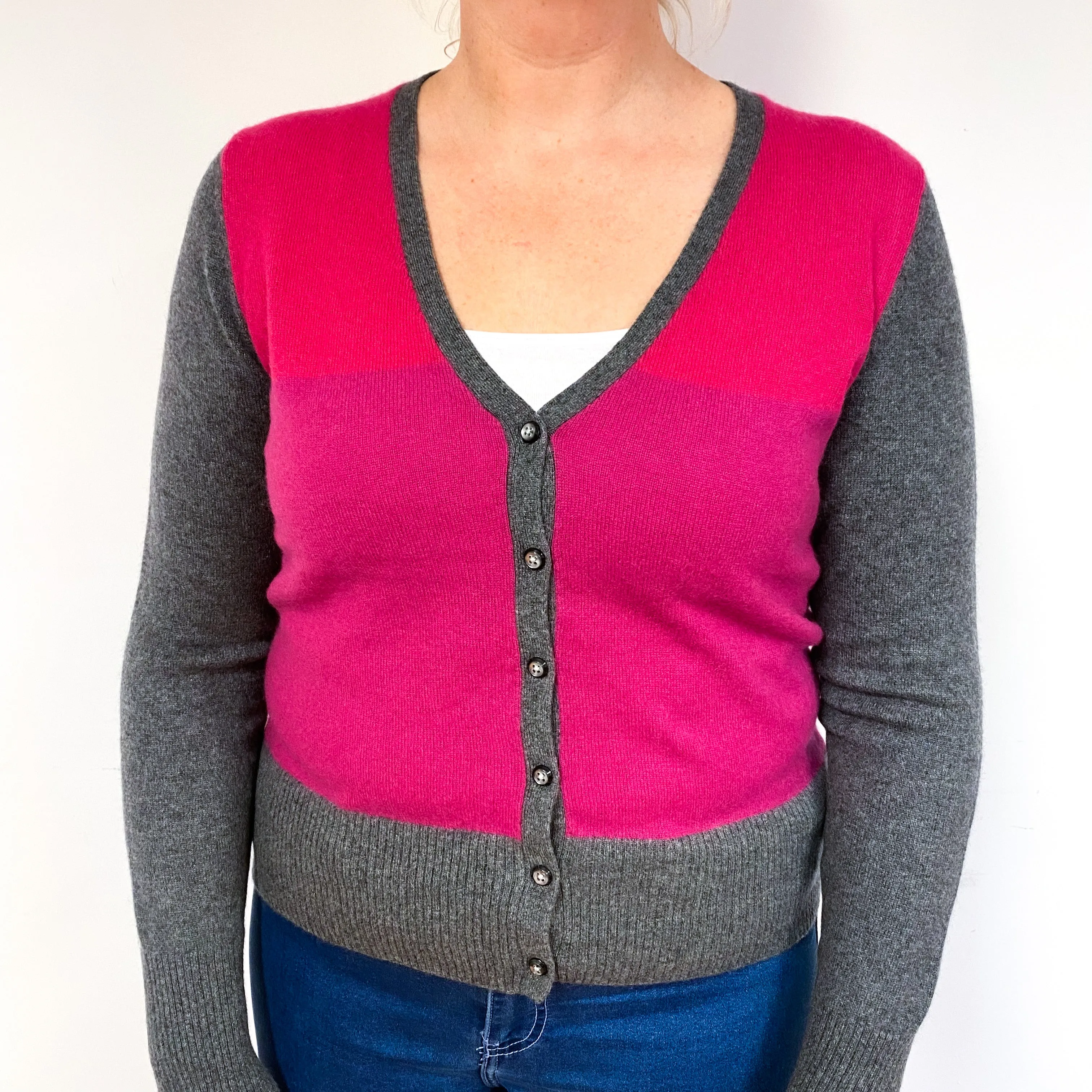 Grey Magenta Pink Cashmere V-Neck Cardigan Large