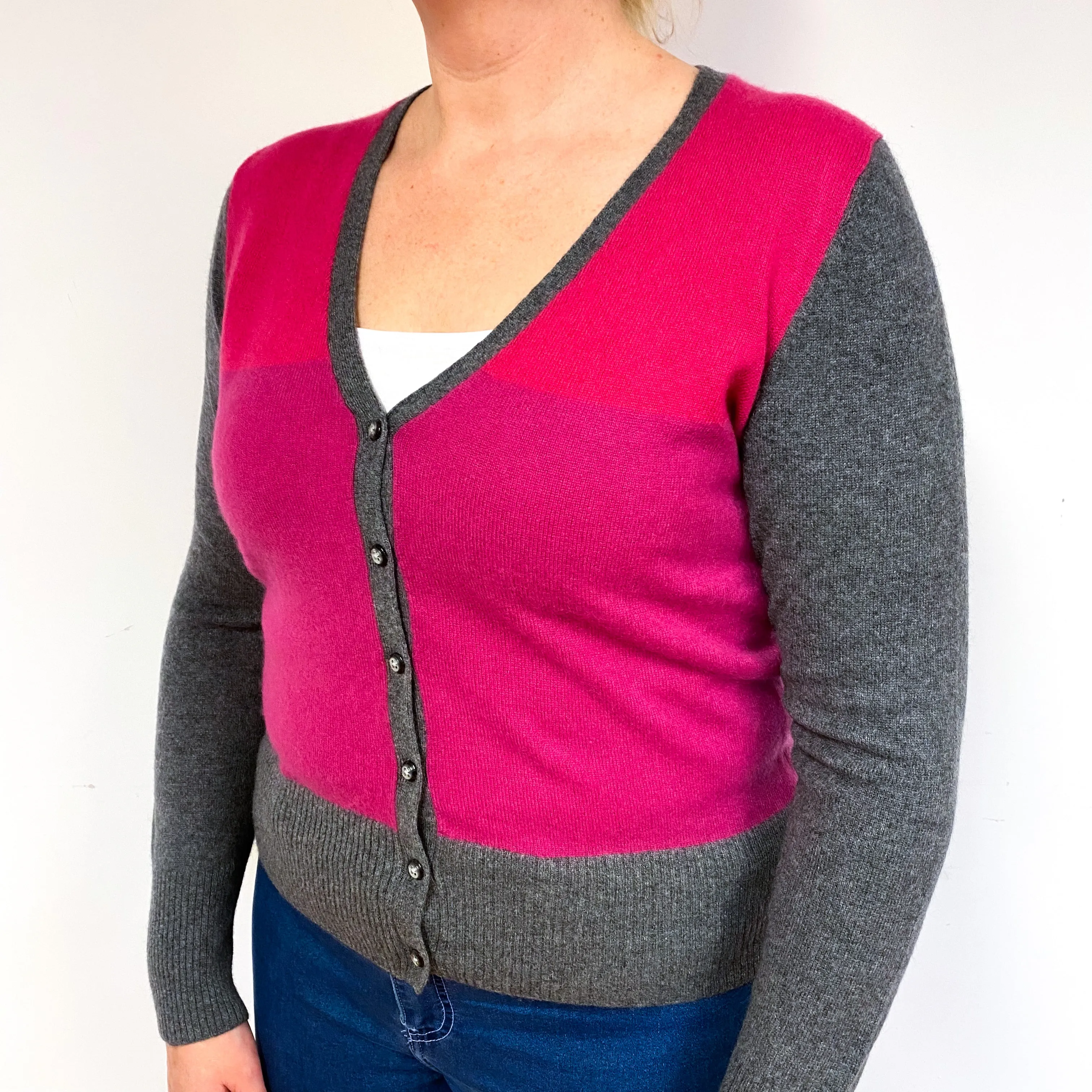 Grey Magenta Pink Cashmere V-Neck Cardigan Large