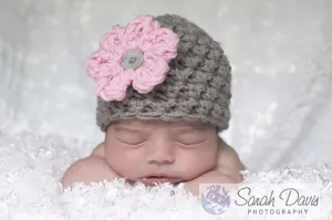 Grey Newborn Baby Hat Soft Pink Flower