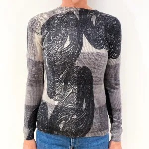 Grey Paisley Check Cashmere Crew Neck Jumper Small