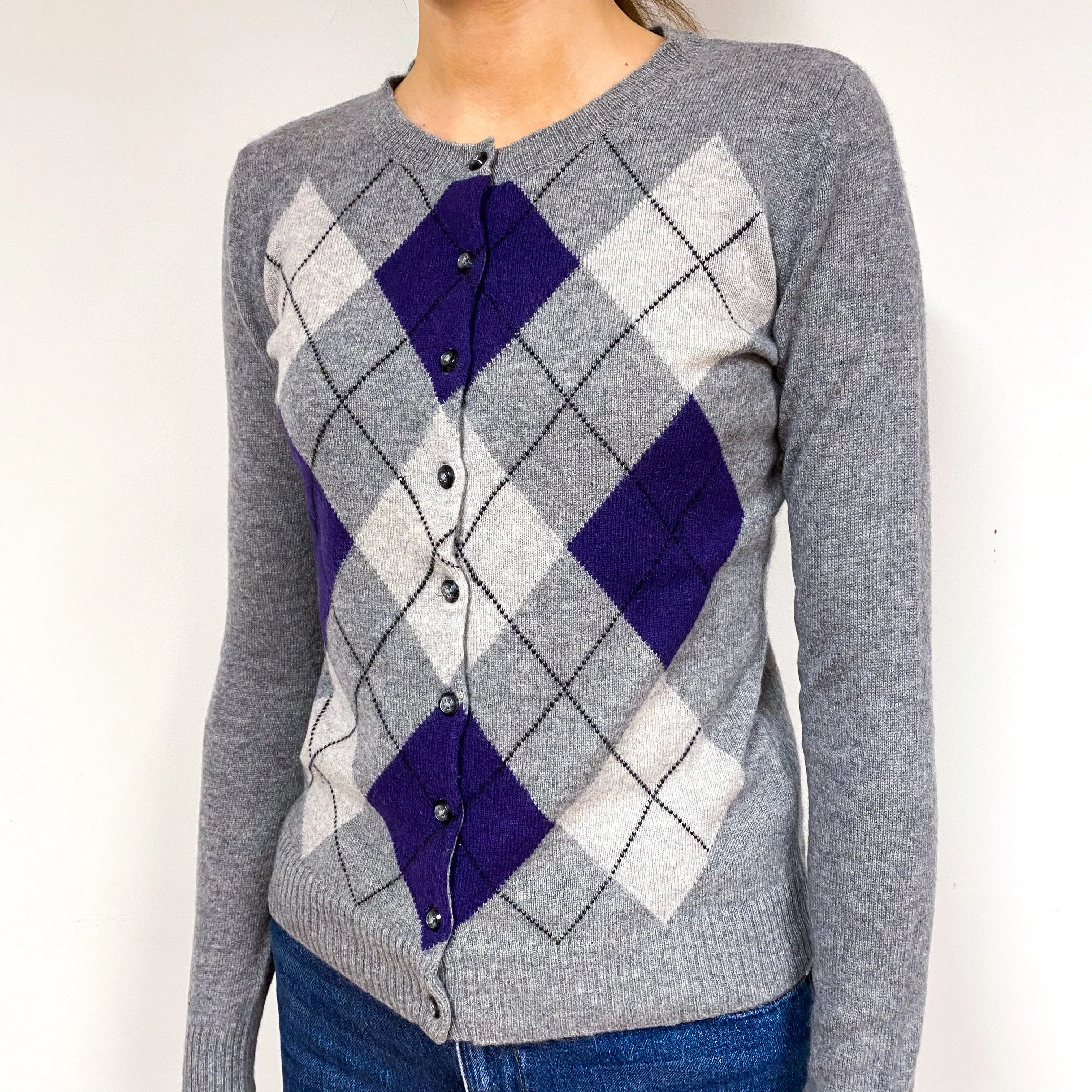 Grey Purple Argyle Cashmere Crew Neck Cardigan Extra Small