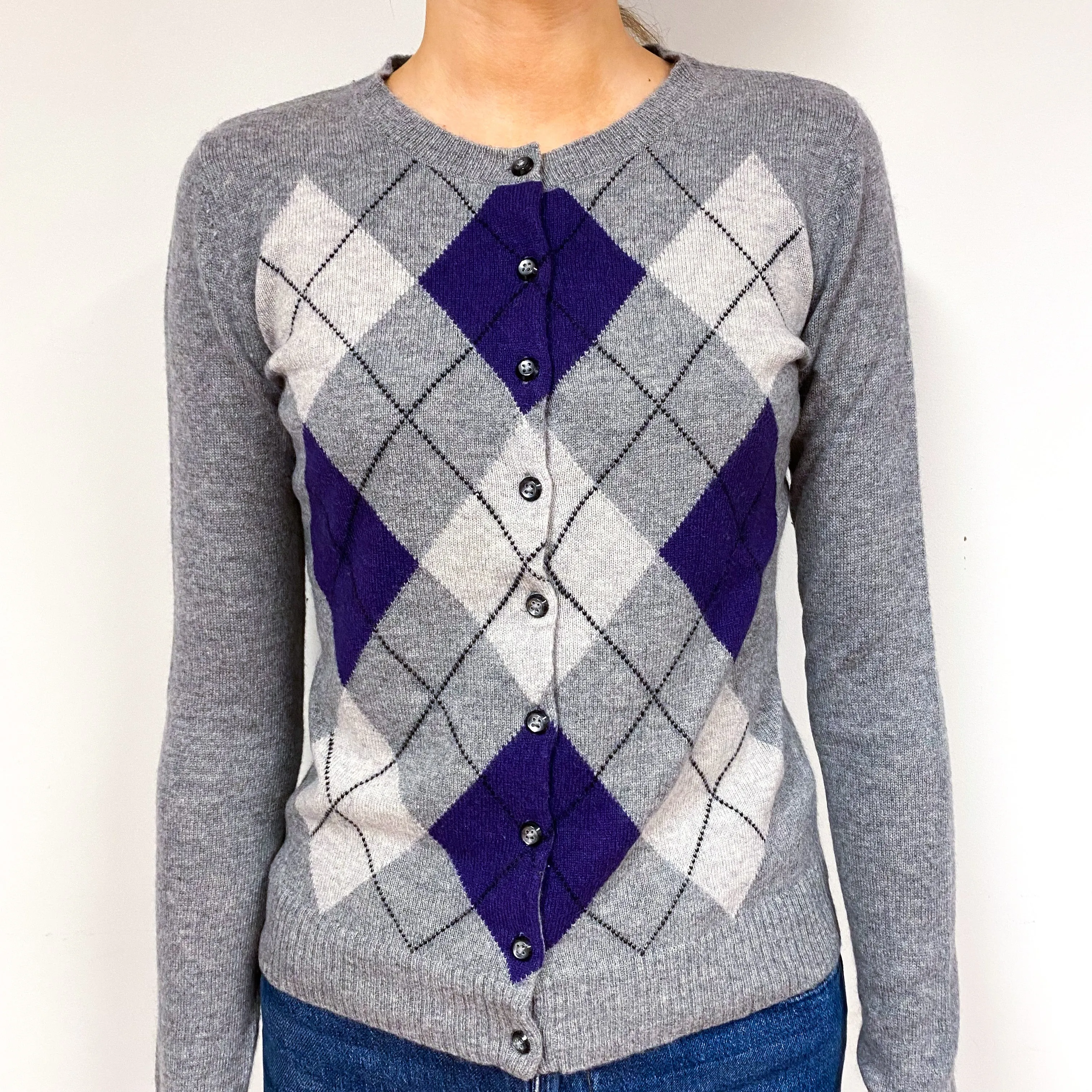 Grey Purple Argyle Cashmere Crew Neck Cardigan Extra Small