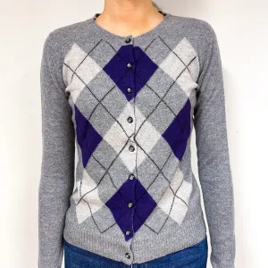 Grey Purple Argyle Cashmere Crew Neck Cardigan Extra Small