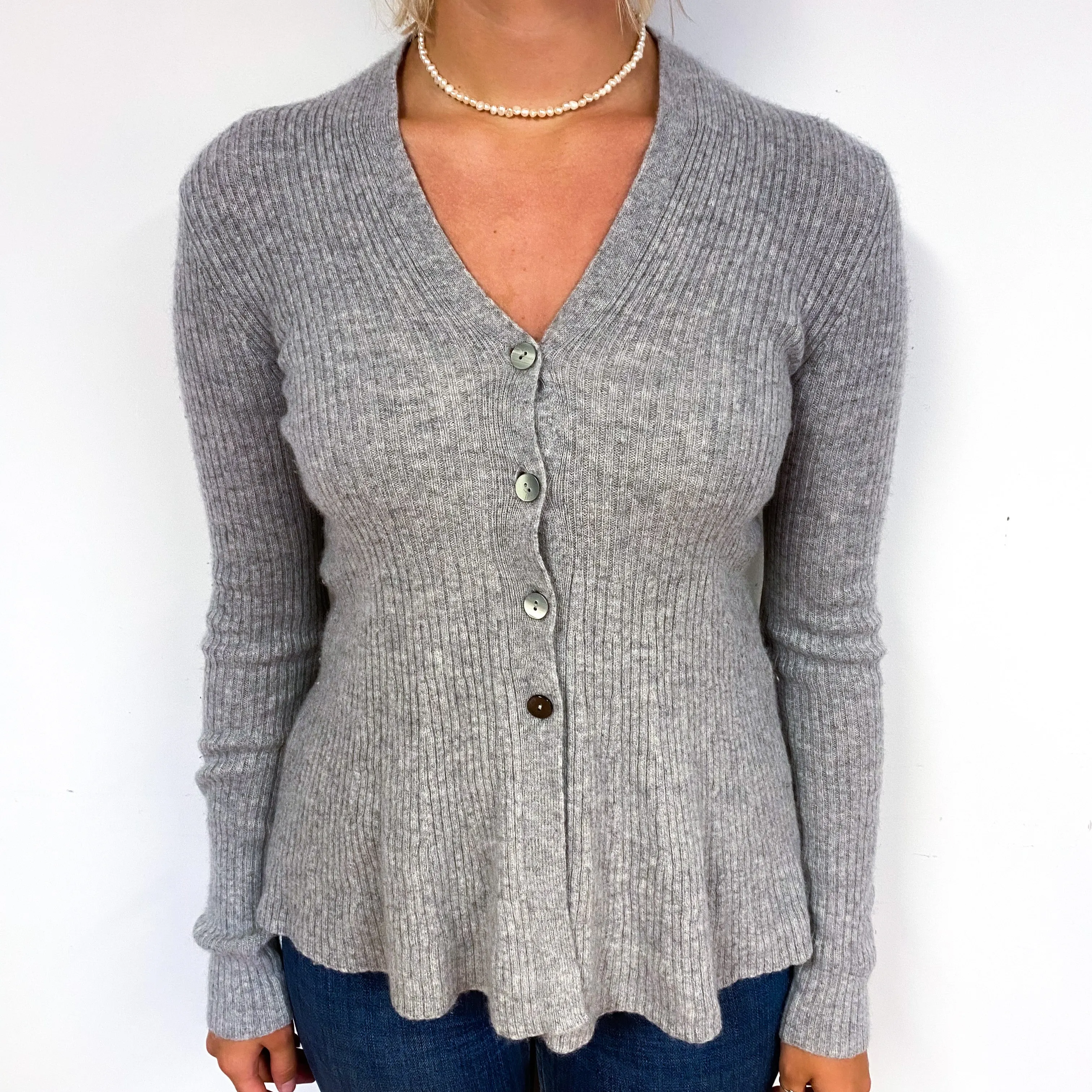 Grey Ribbed Floaty Hem Cashmere V-Neck Cardigan Small