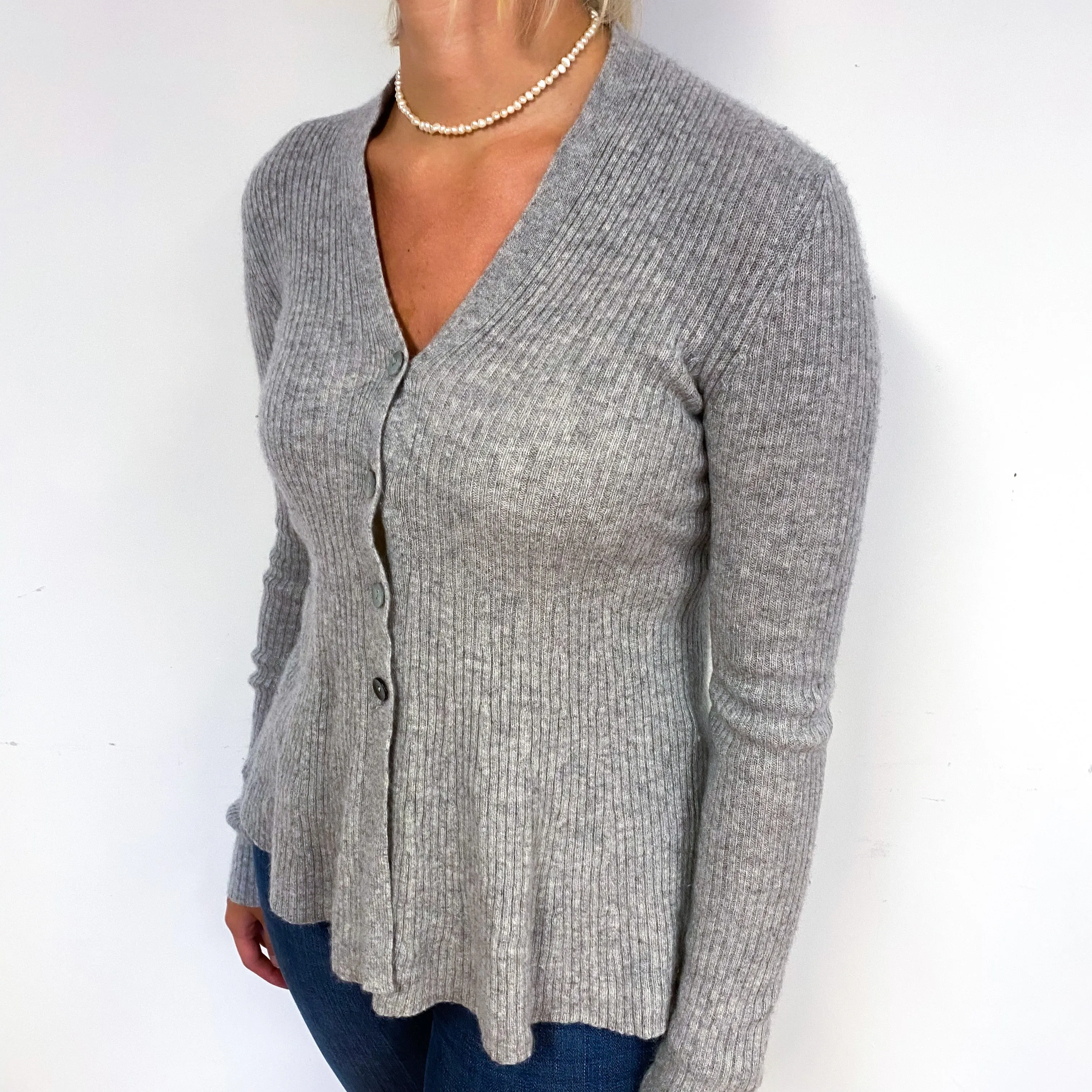 Grey Ribbed Floaty Hem Cashmere V-Neck Cardigan Small