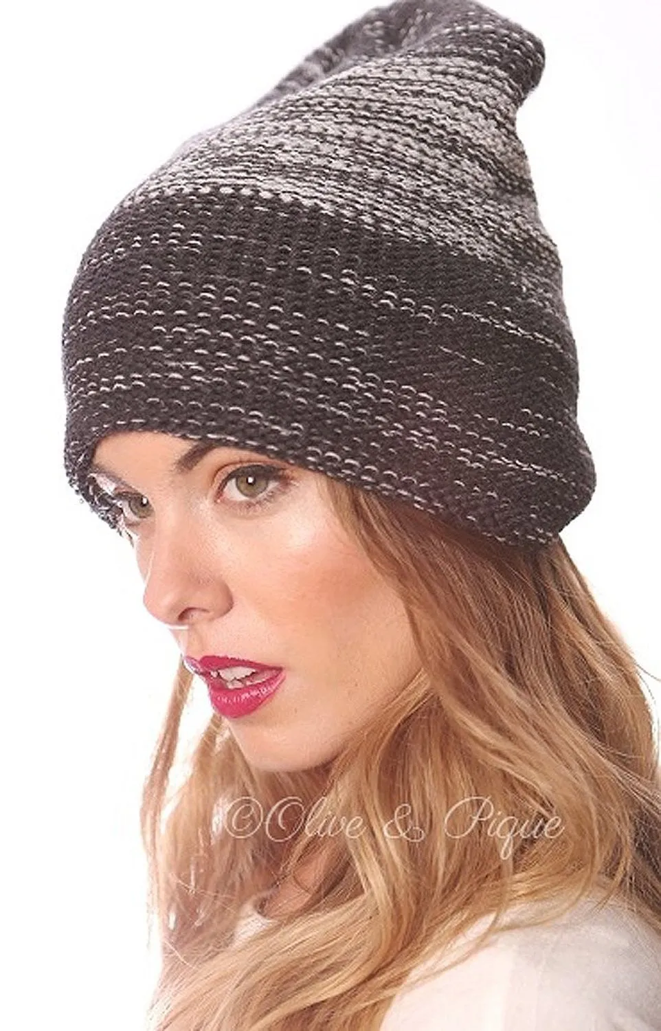 Grey Striped Design Slouchy Loose Knit Oversized Fashion Beanie