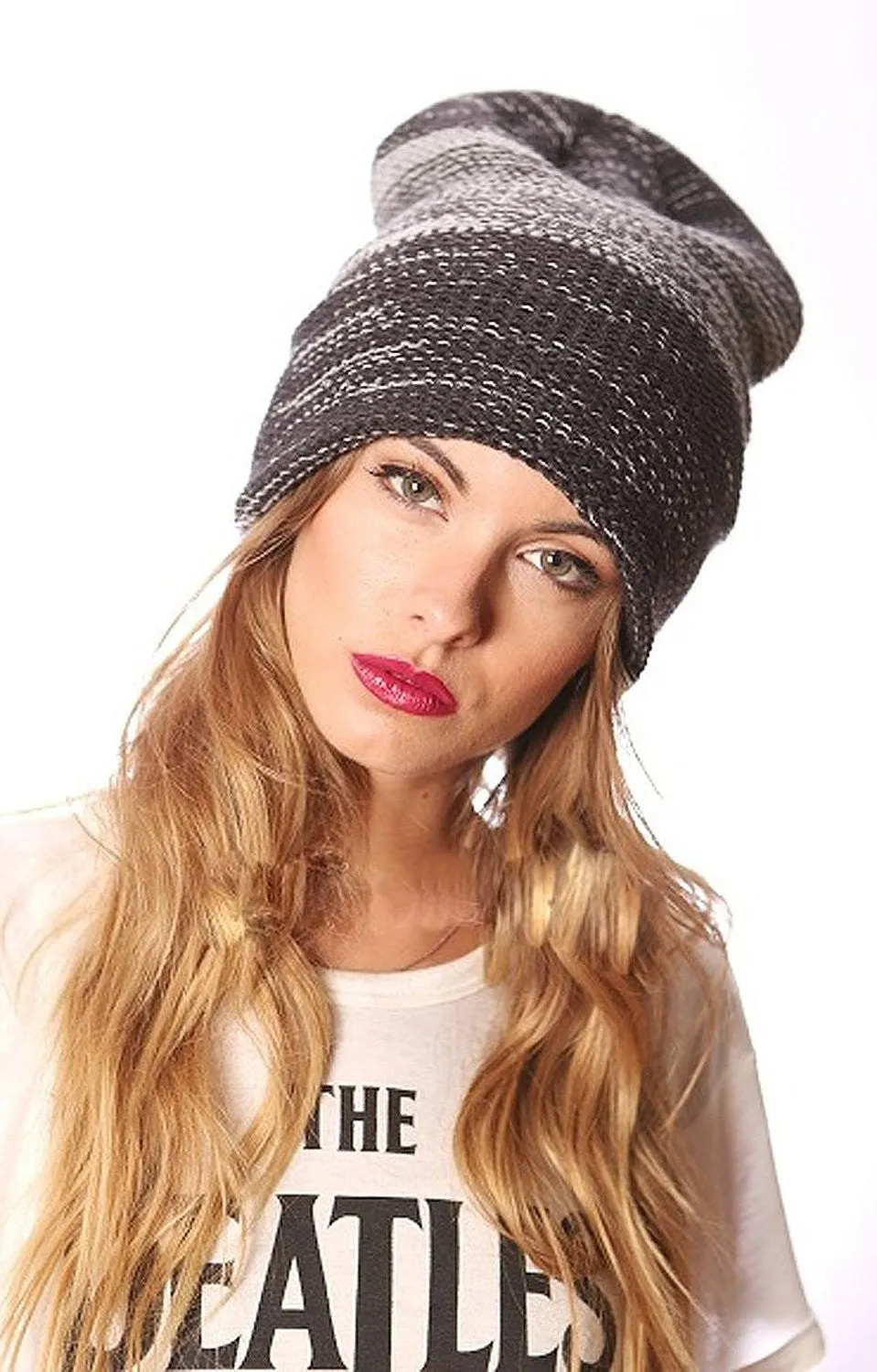 Grey Striped Design Slouchy Loose Knit Oversized Fashion Beanie