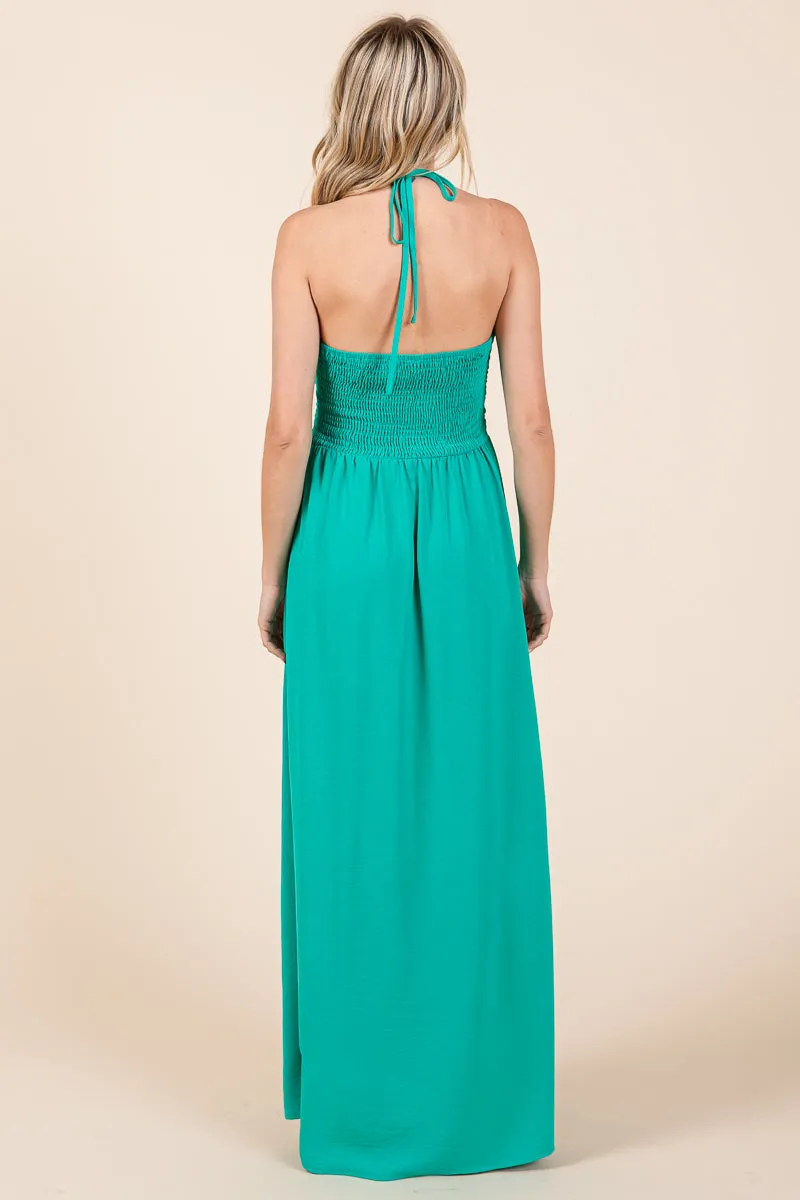 Halter Neck Smocked Embellished Maxi Dress