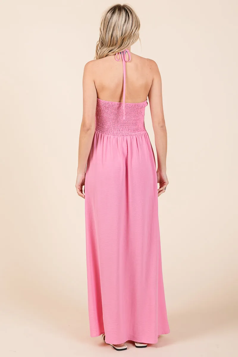 Halter Neck Smocked Embellished Maxi Dress