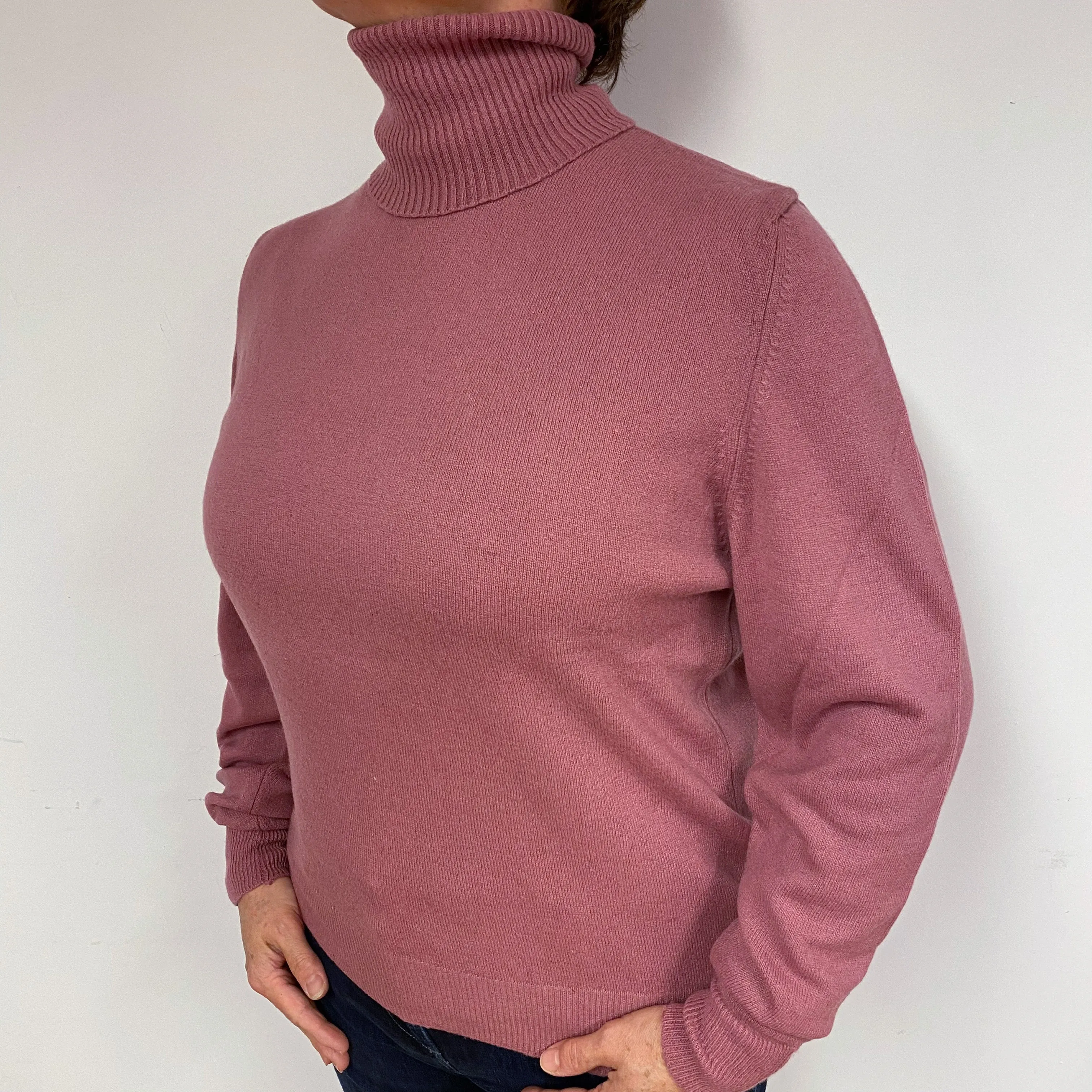 Heather Pink Cashmere Polo Neck Jumper Large