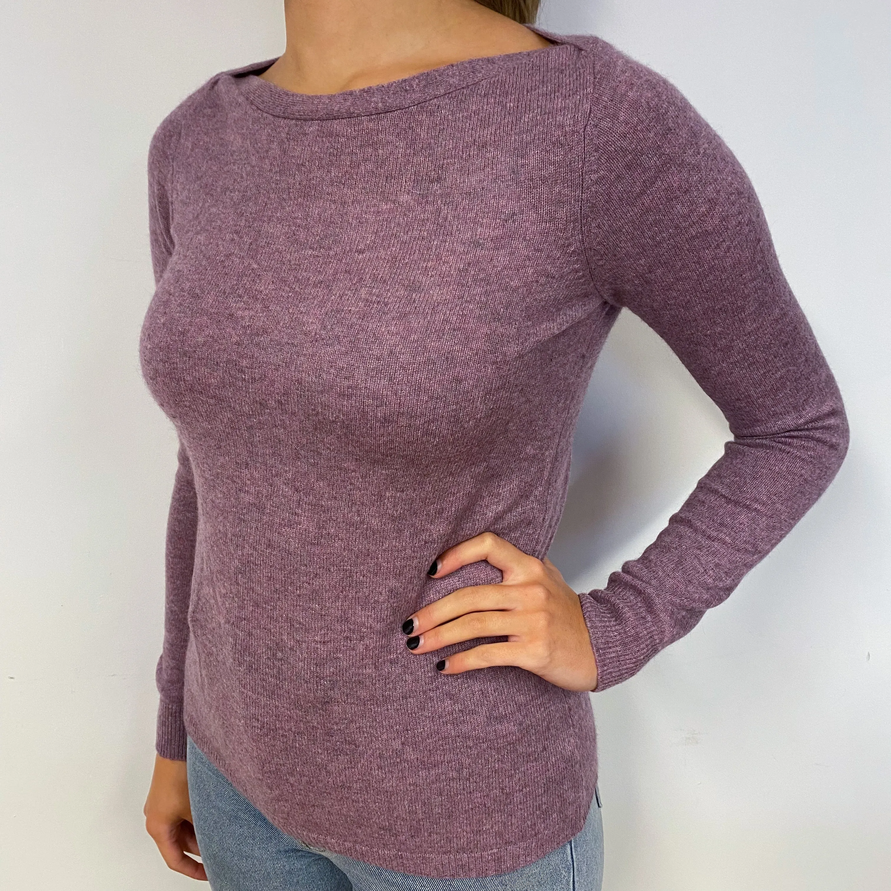 Heather Purple Boat Neck Cashmere Crew Neck Jumper Small