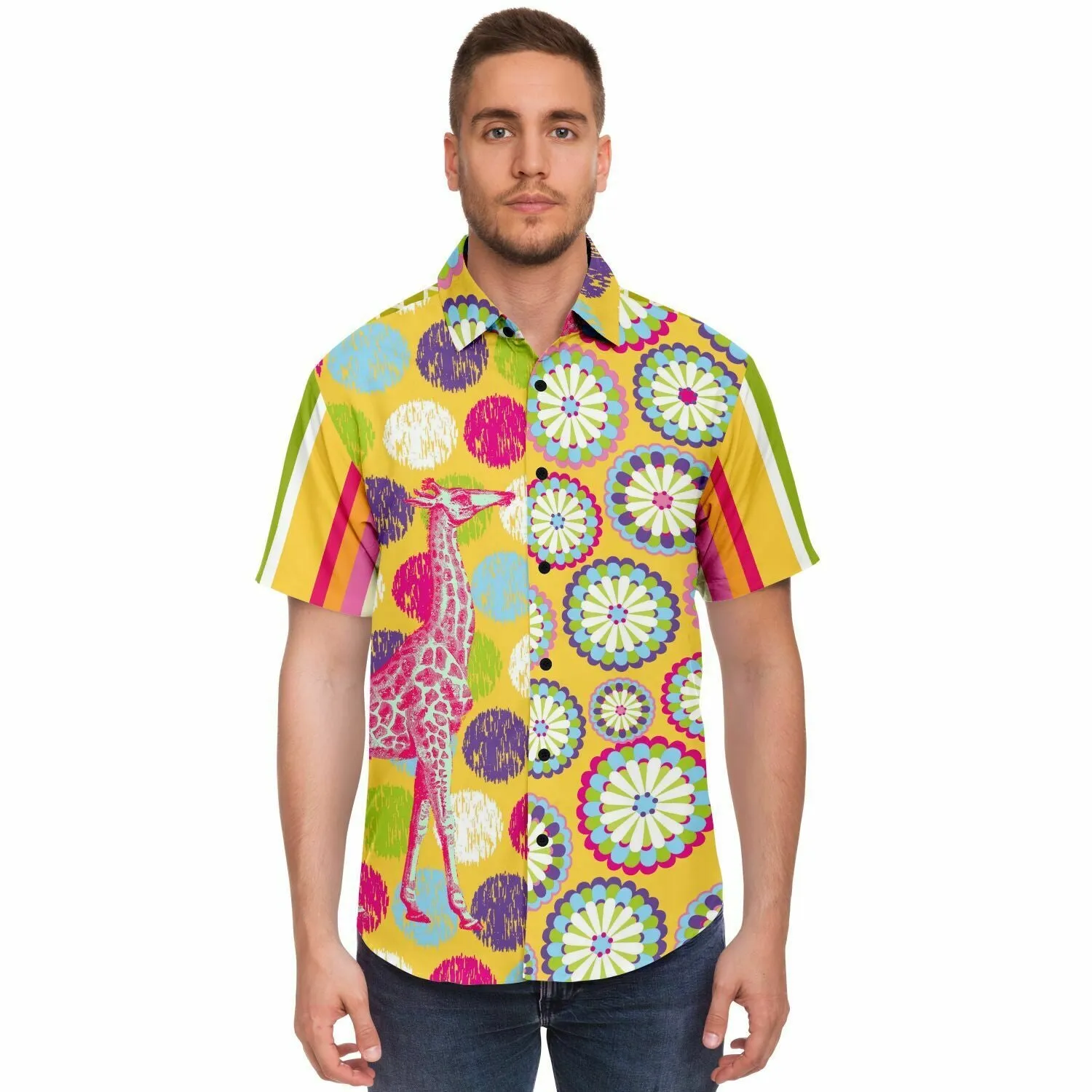 Hello Janis! Yellow Geo Print Short Sleeve Button Down Shirt