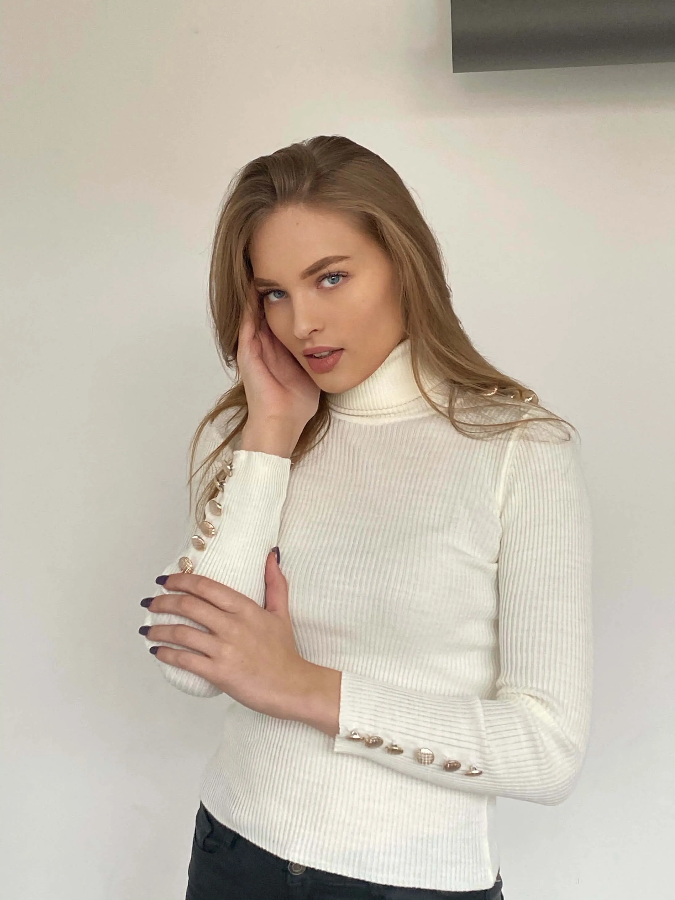 High Neck Ribbed Jumper with Buttons in White