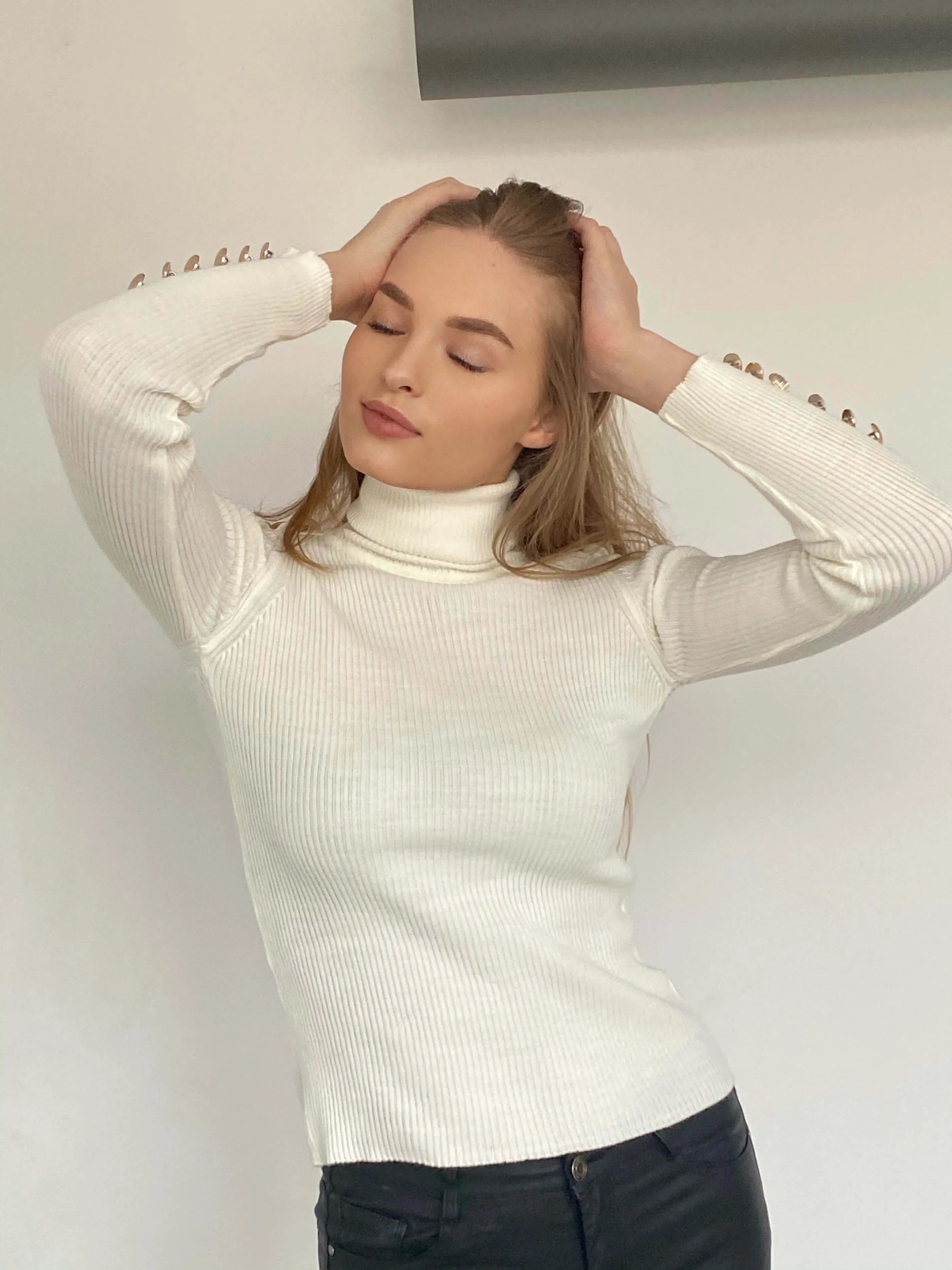 High Neck Ribbed Jumper with Buttons in White