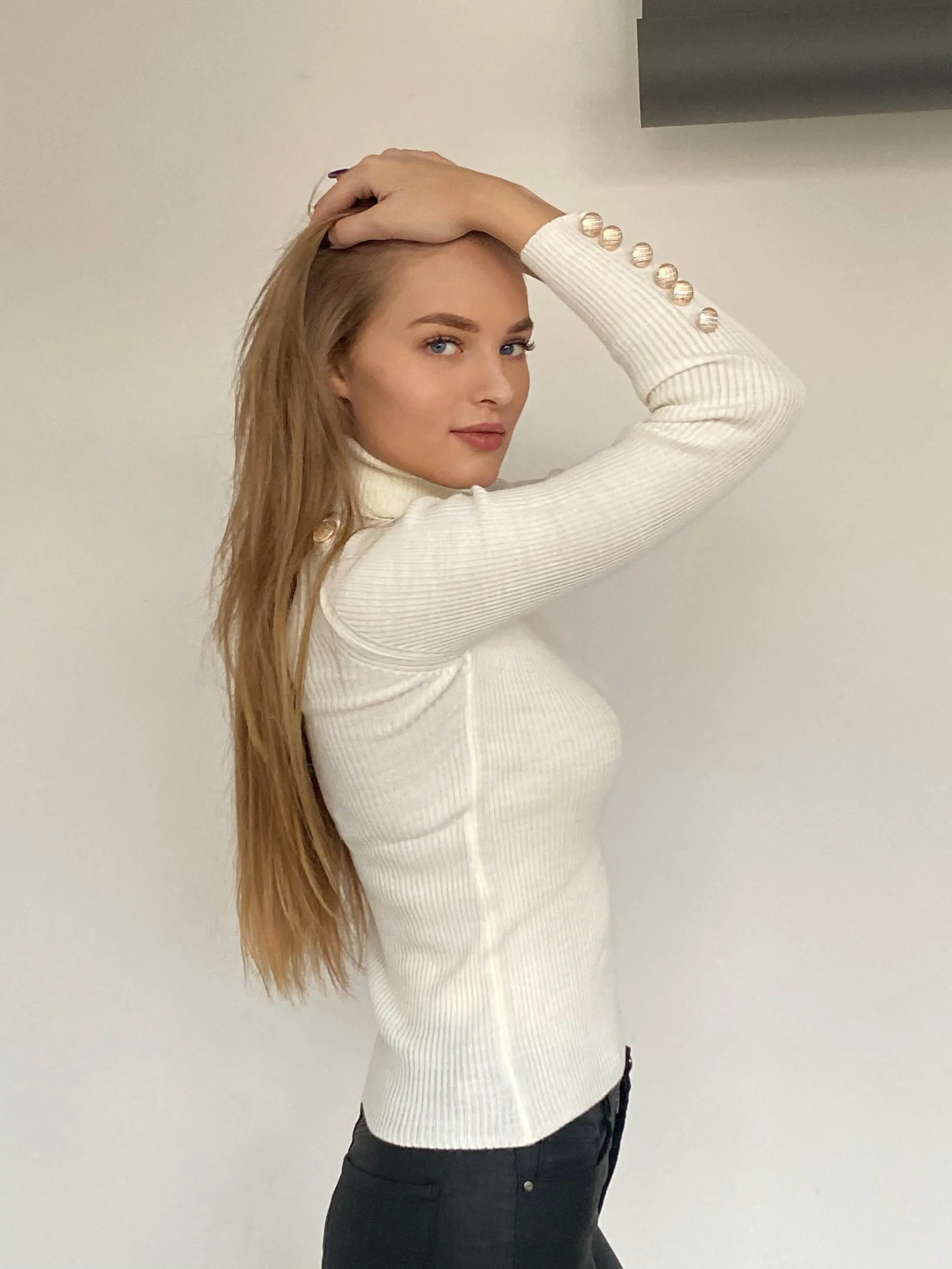 High Neck Ribbed Jumper with Buttons in White