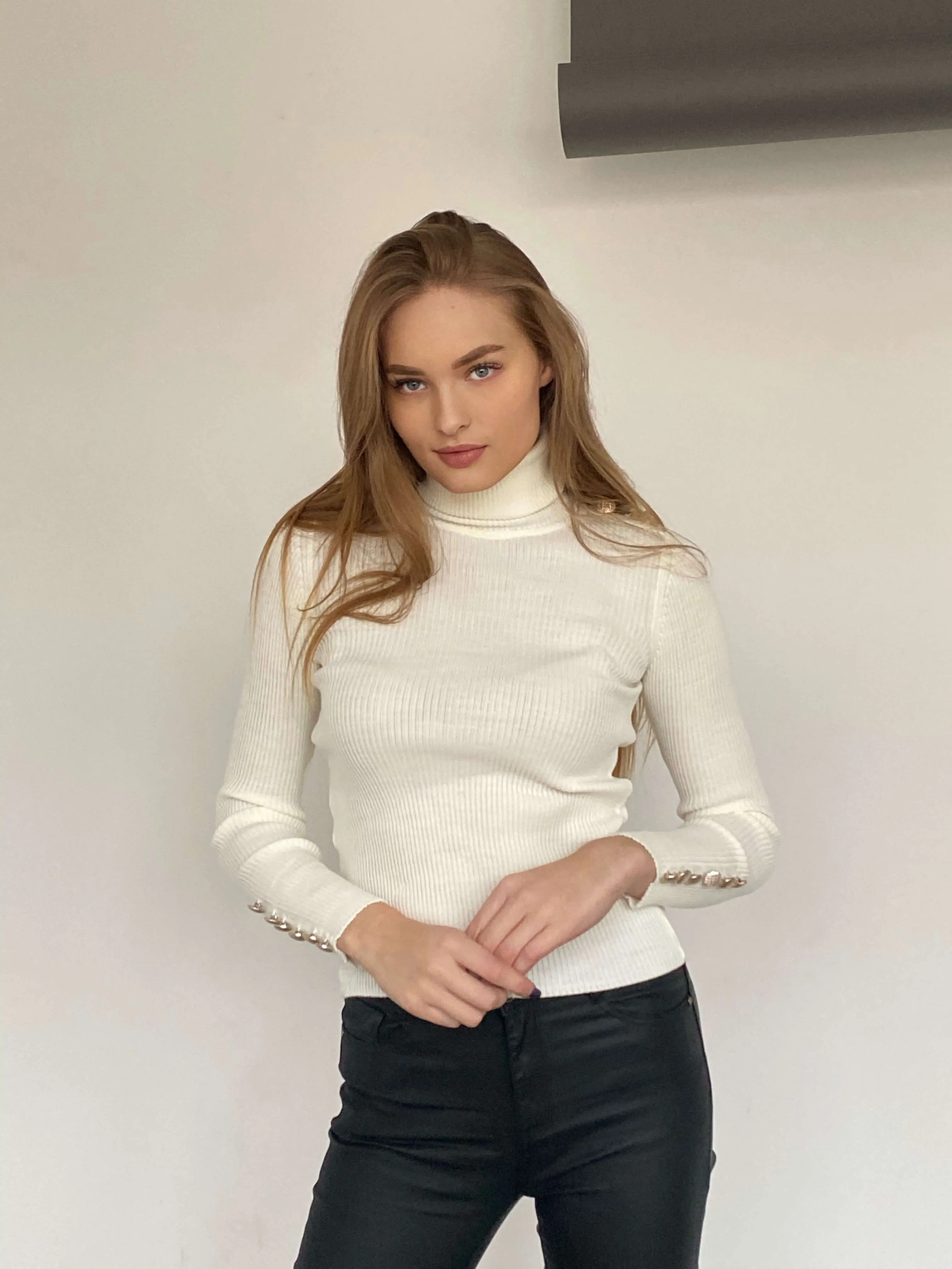 High Neck Ribbed Jumper with Buttons in White