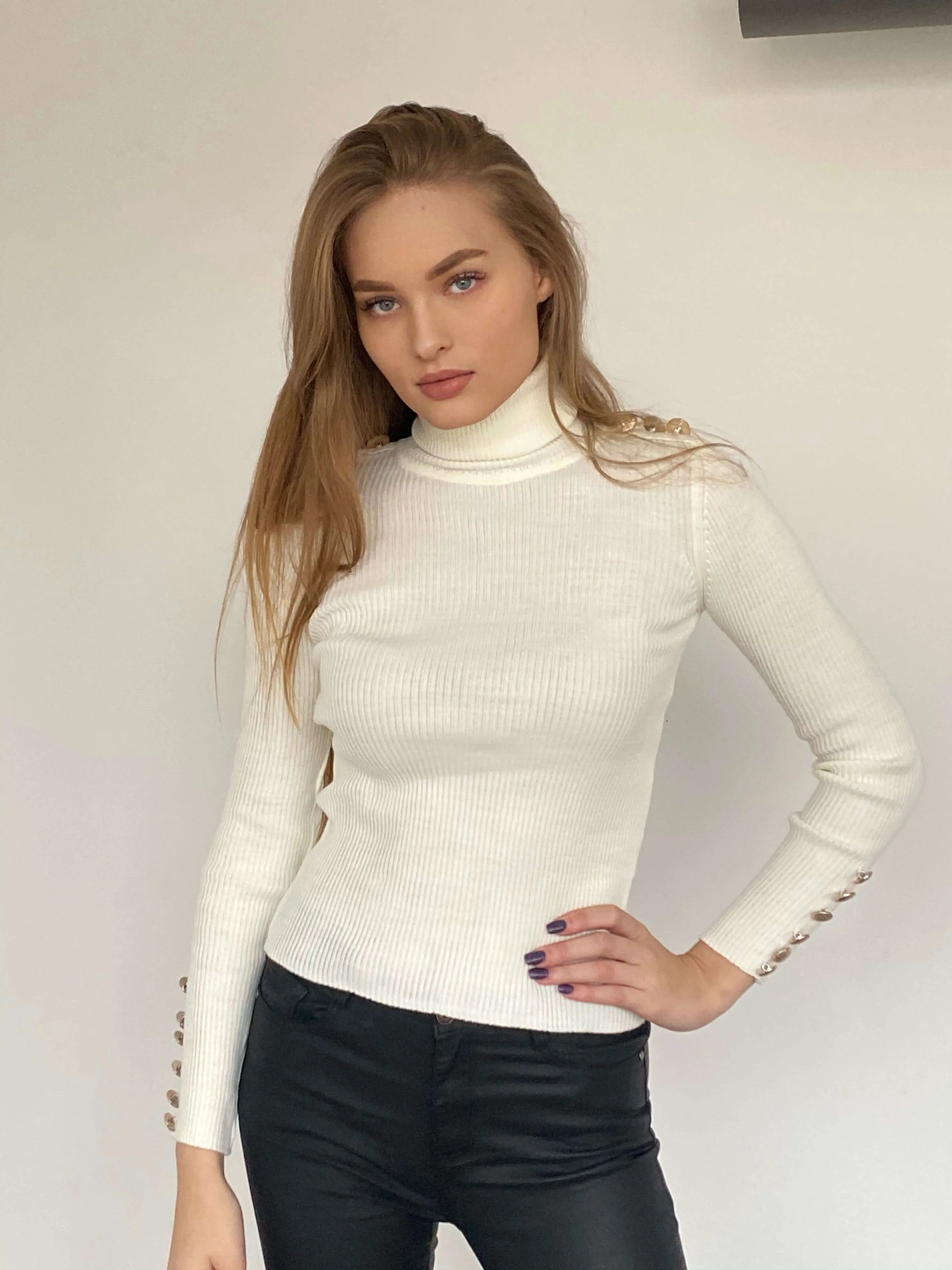 High Neck Ribbed Jumper with Buttons in White