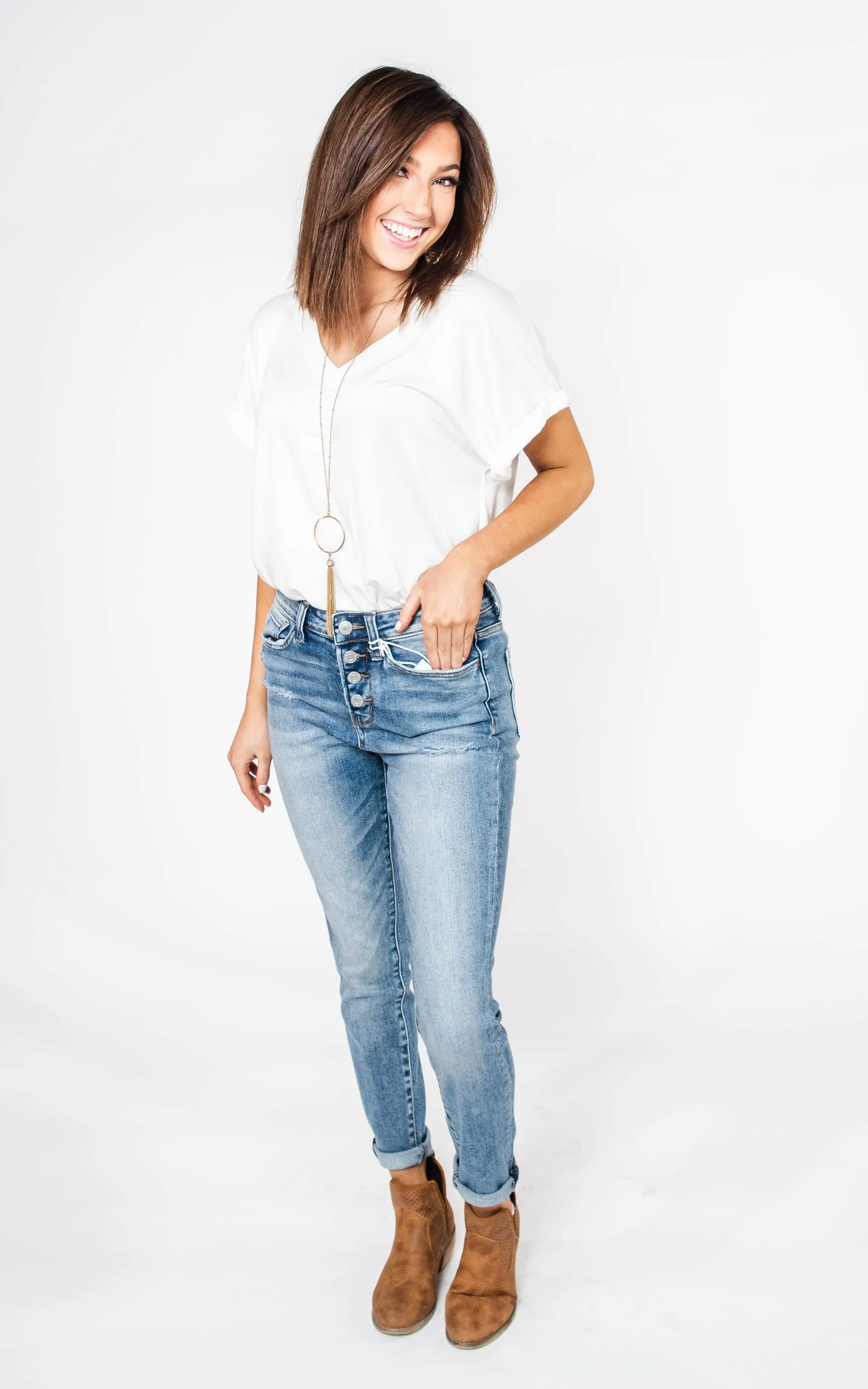 High Rise Button Up Crop Skinny Jean}