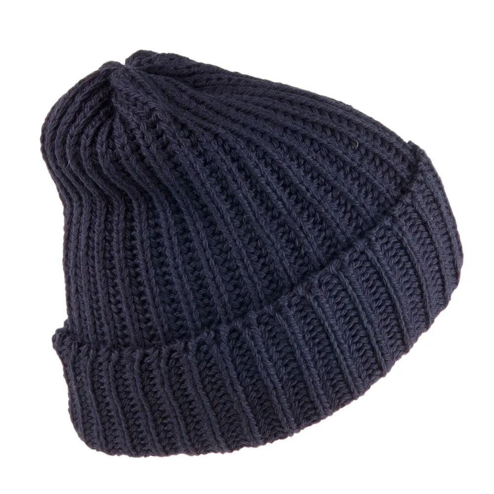 Highland 2000 Merino Wool Short Fisherman Beanie Hat - Navy Blue