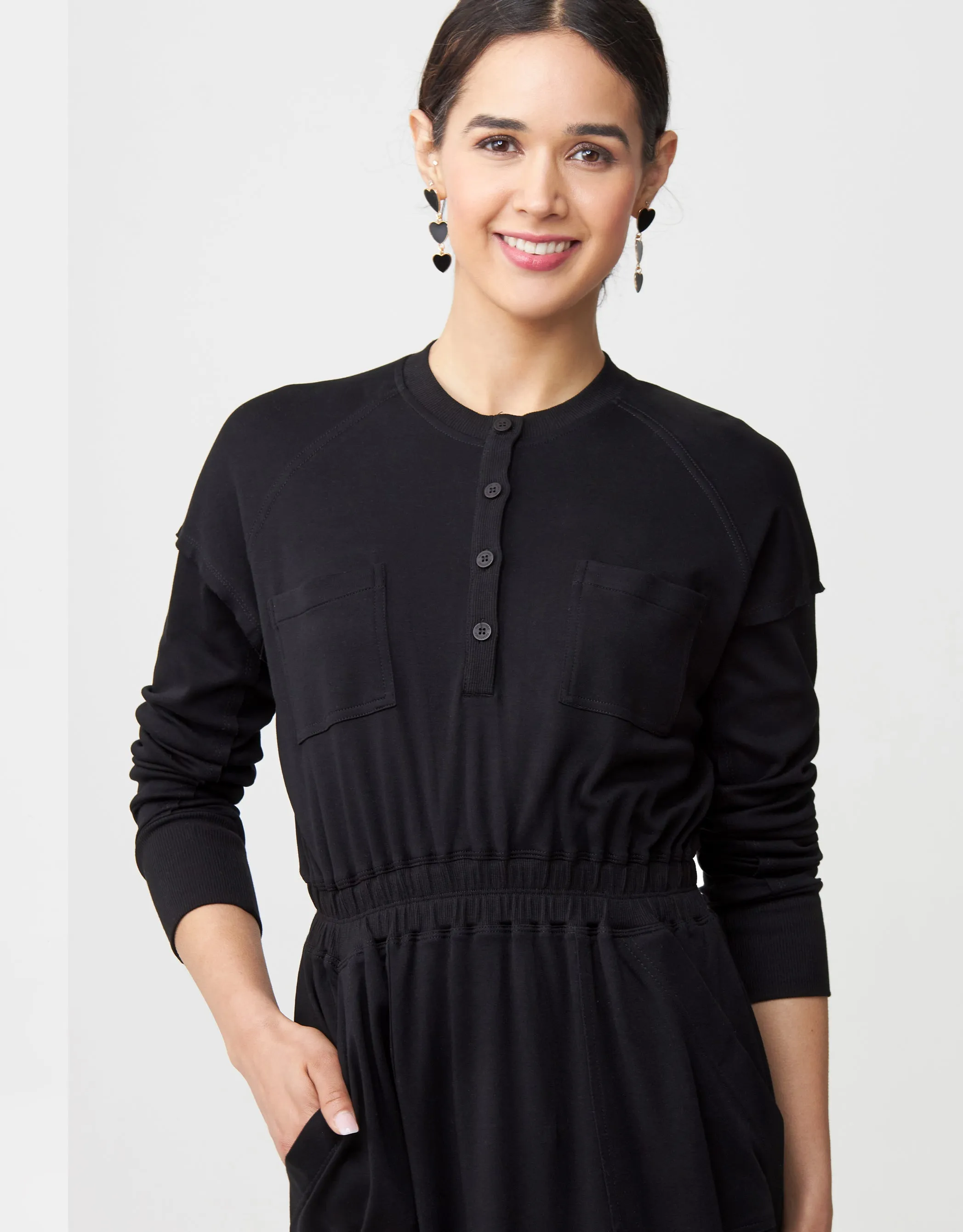 Jersey Dolman Midi Dress with Buttons and Patch Pockets