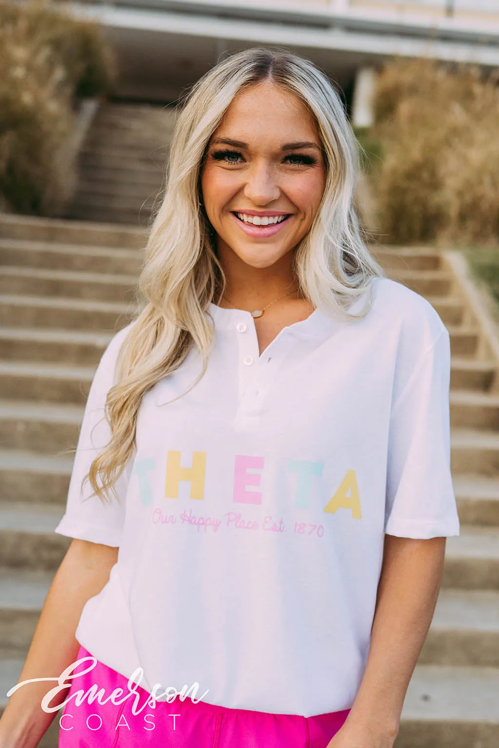 Kappa Alpha Theta PR Colorful Letters Henley Tee